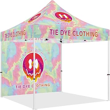 10x10 Pop Up Canopy Tent for Tie-Dye Clothing, Heavy Duty Commercial Outdoor Canopy for Tie Dye Womens and Mens Wear Business Tent with Stake Kit and Roller Bag, Backwall