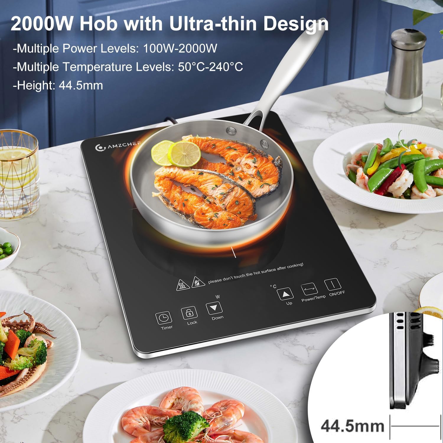 Piastra ad induzione,AMZCHEF piano Cottura a induzione elettrica con superficie in vetro cristallo nero, design portatile ultrasottile, controllo touch sensor e blocco di sicurezza,2000W