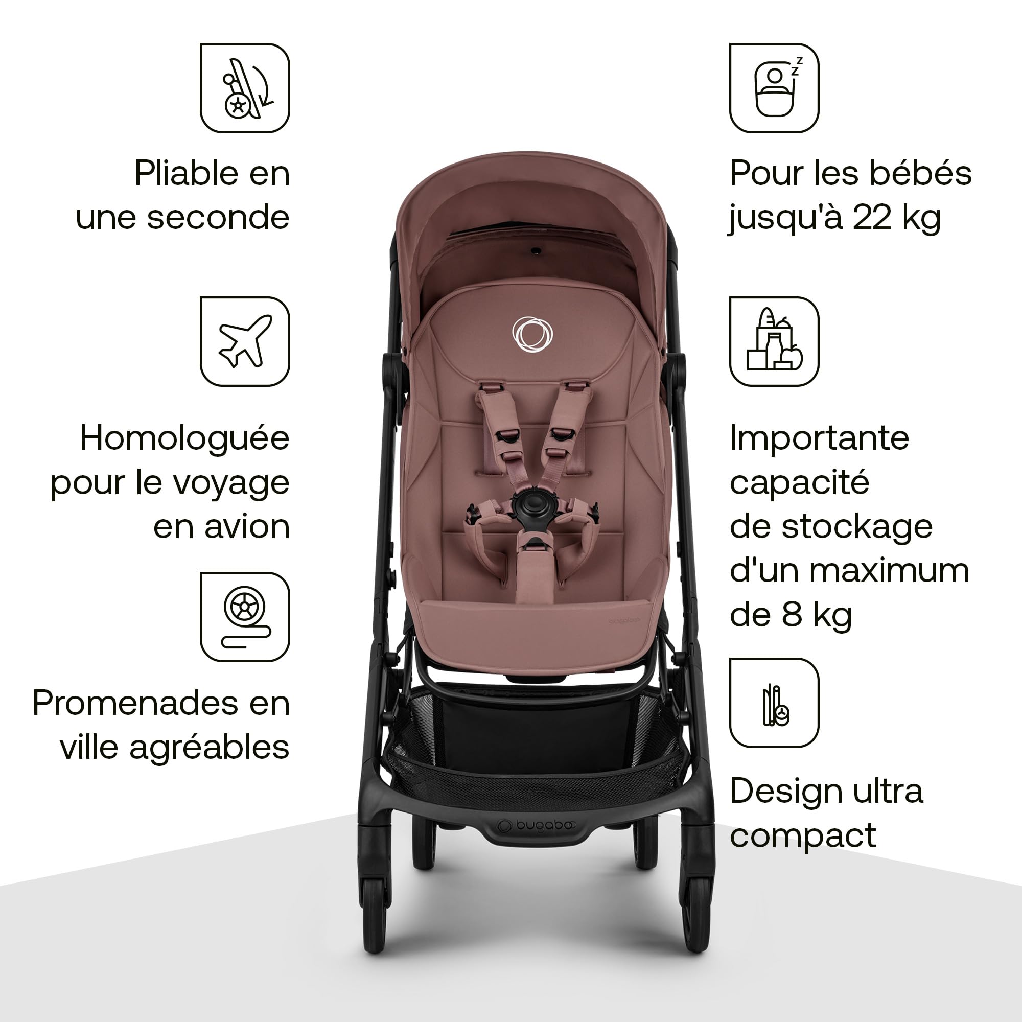 Bugaboo Butterfly 2 Poussette de voyage – Systèmes modulaires avec poignée et housse de pluie – Léger, pliable avec une main, assise inclinable, de 6 mois à 4 ans – Dusty Pink