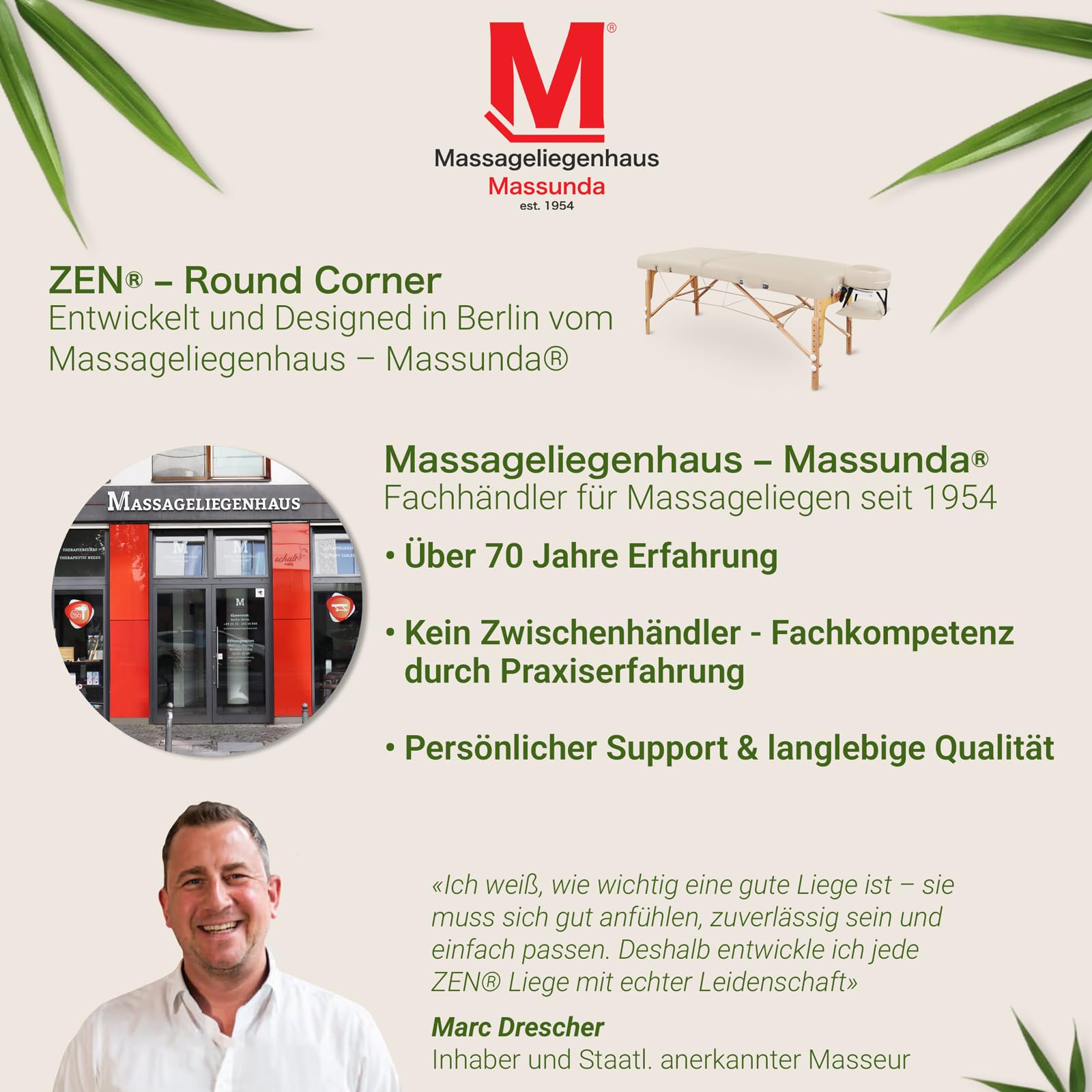 Zen – Mobile Round Corner Massageliege klappbar & höhenverstellbar – Vollholz Massagetisch mit abgerundeten Ecken für aktive Massagestile – Massagebank mit Kopfteil, Armlehnen & Tasche (Creme)