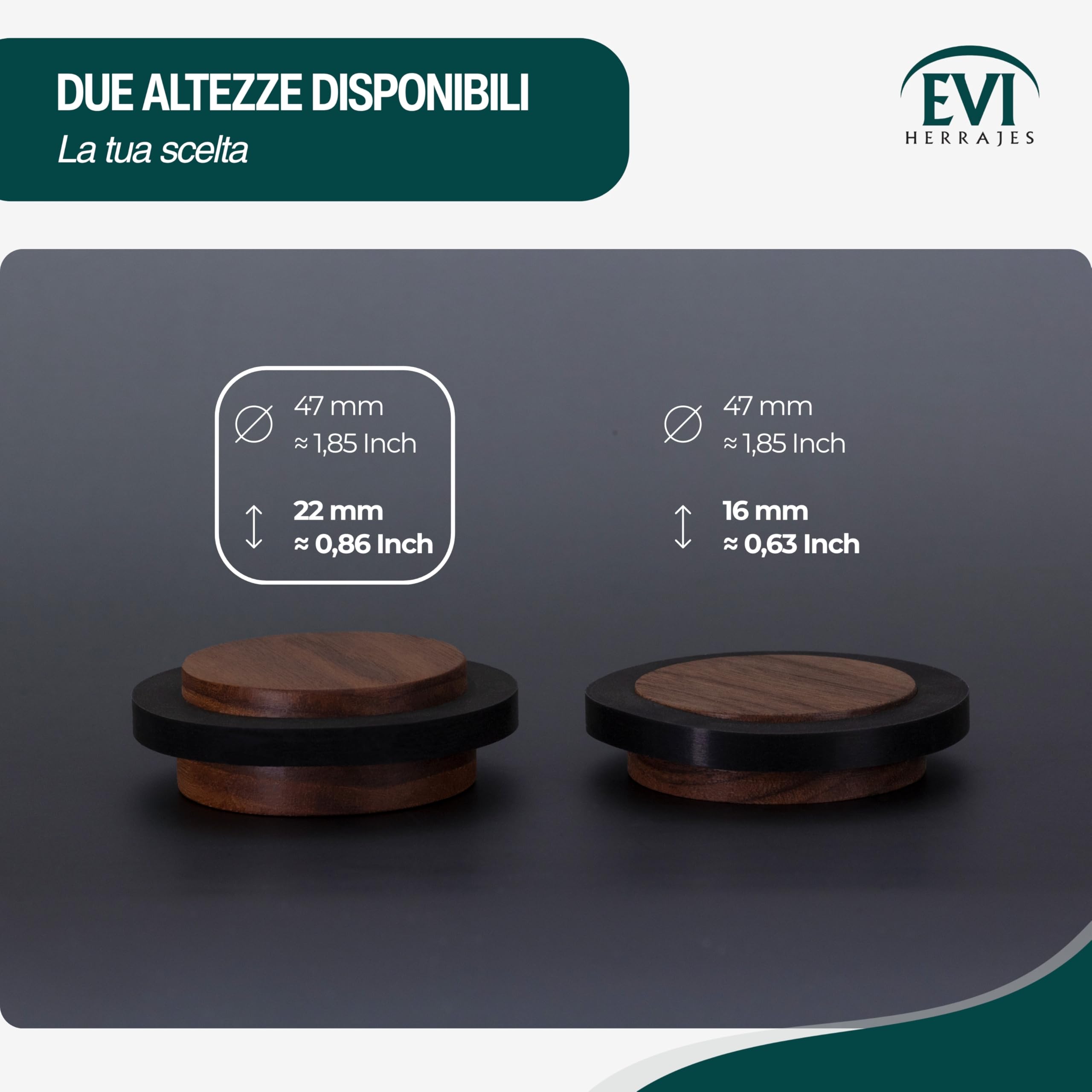 EVI Herrajes | Fermaporta in Legno | Legno di Noce con Gomma Nera | Ø47x22mm | Installazione Adesiva | Ottimo per il parquet | Mod.20345X19