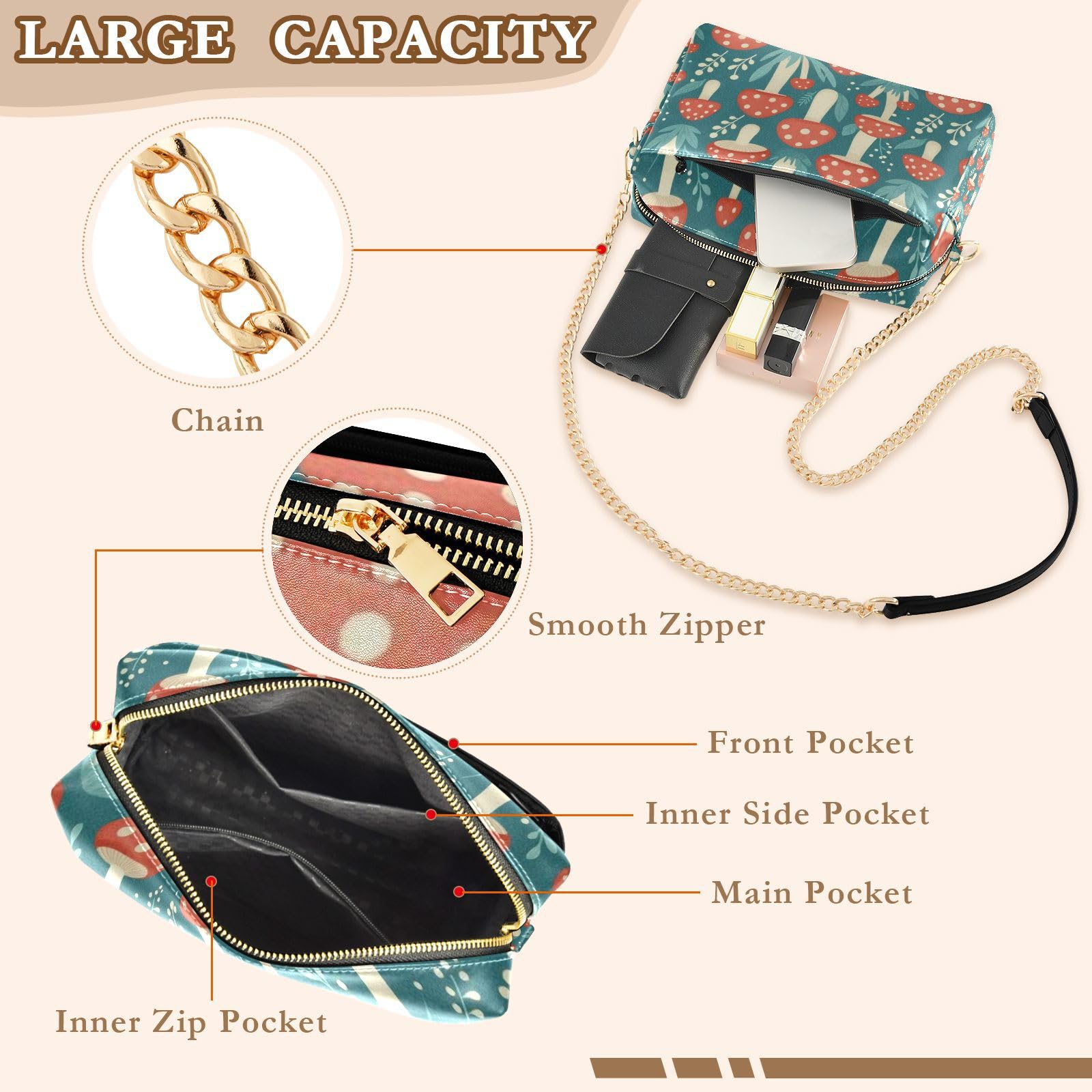 FRODOTGV Damska torba crossbody o pojemności 2,5 l | Trwałe etui na karty ze skóry PU i wewnętrzna kieszeń lekka plaża zajęcia na świeżym powietrzu grzyb cętkowany