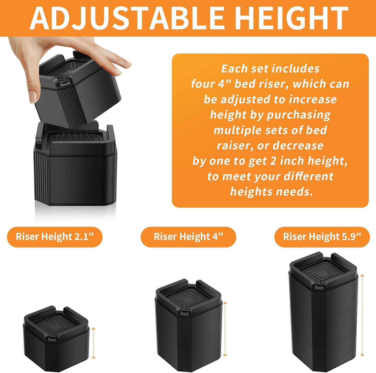 4 Pack Bed Risers Heavy Duty, Adjustable Furniture Riser Blocks Lift 2, 4 inches for Couch Sofa Table Chair Leg Refrigerator Washing Machine, Support Up to 2000 Lbs (Black 4 inch)