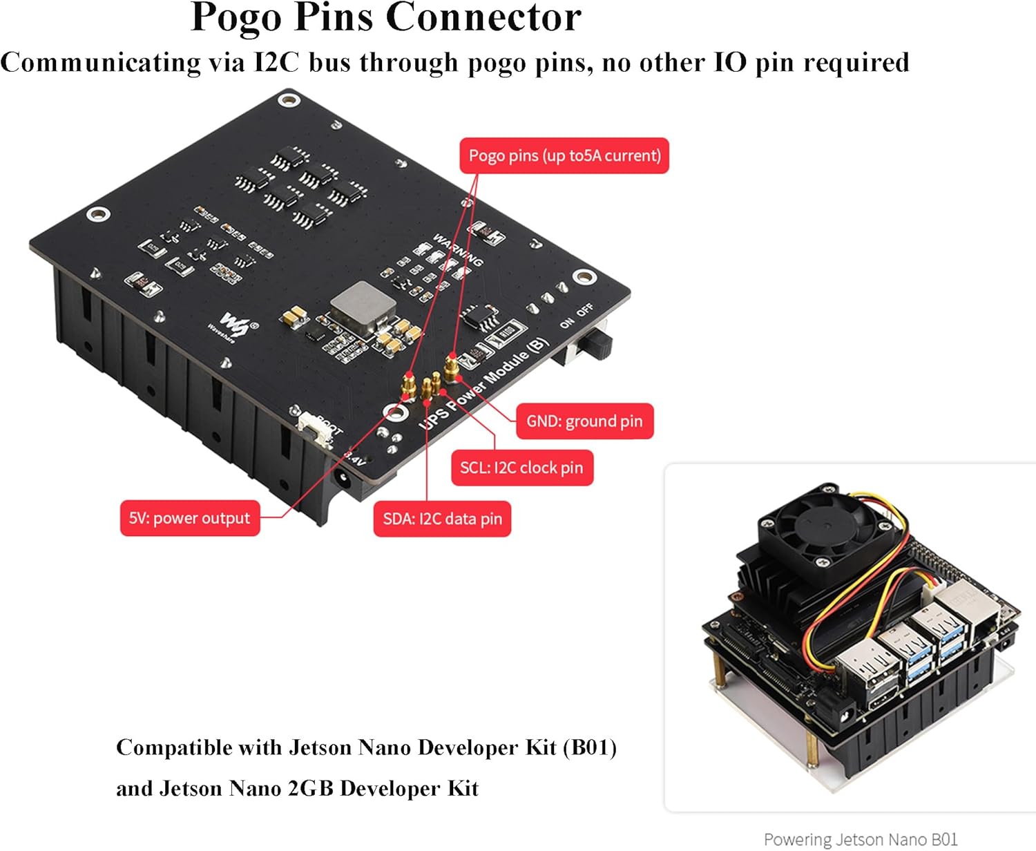 Uninterruptible Power Supply UPS Module (B) for Jetson Nano Developer Kit B01, Support Charge and Power Output at The Same Time 5V Output up to 5A Current,Communicating via I2C Bus Through Pogo Pins