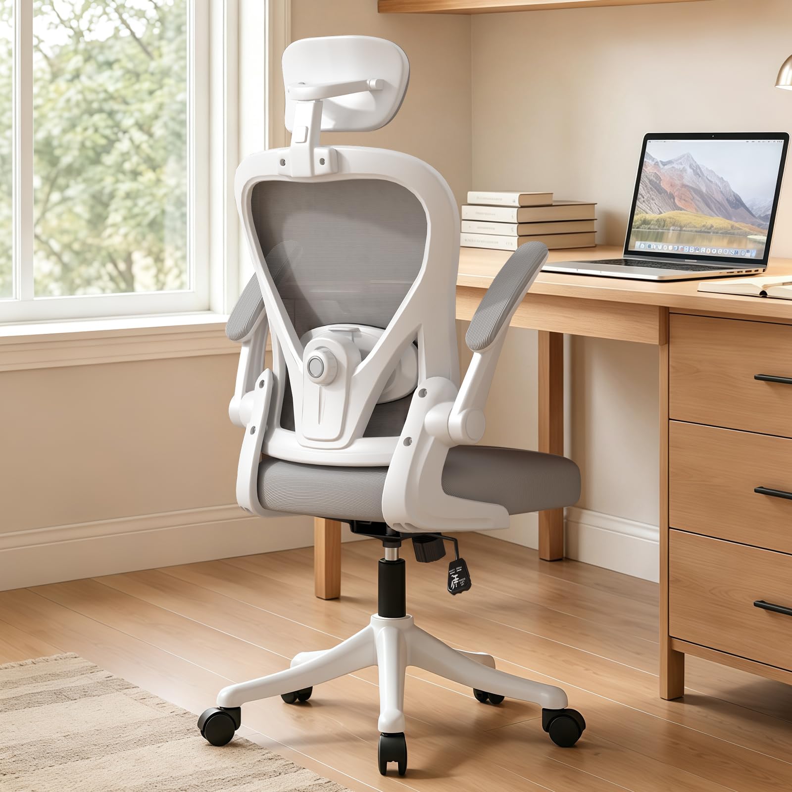 Ergonomischer Bürostuhl für Homeoffice, Schreibtischstuhl mit Verstellbarer Lendenstütze & Kopfstütze, Netzstuhl mit klappbaren Armlehnen, Computerstuhl für Büro, Lernen und Gaming, Grau