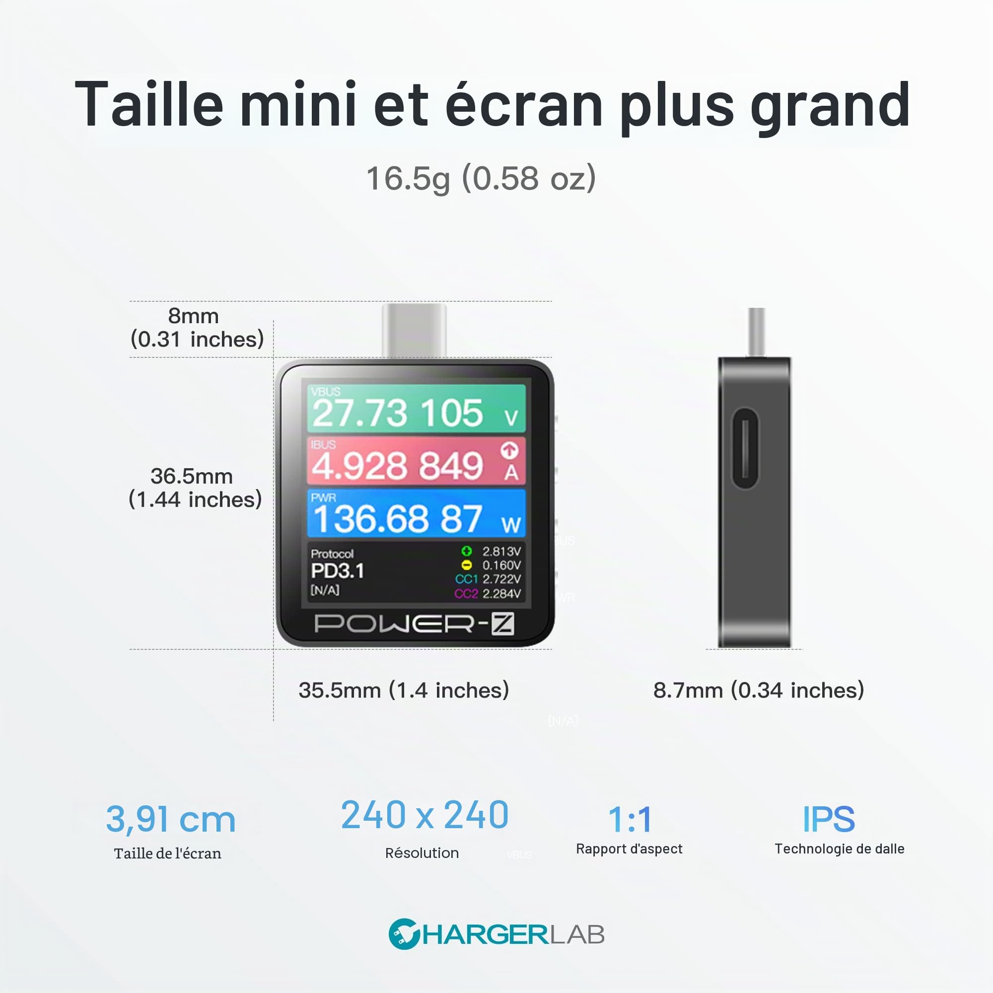 ChargerLAB Power-Z KM003C Testeur de charge rapide USB-C portable PD3.1 QC5.0 voltmètre numérique et ampèremètre testeur de banque d'alimentation