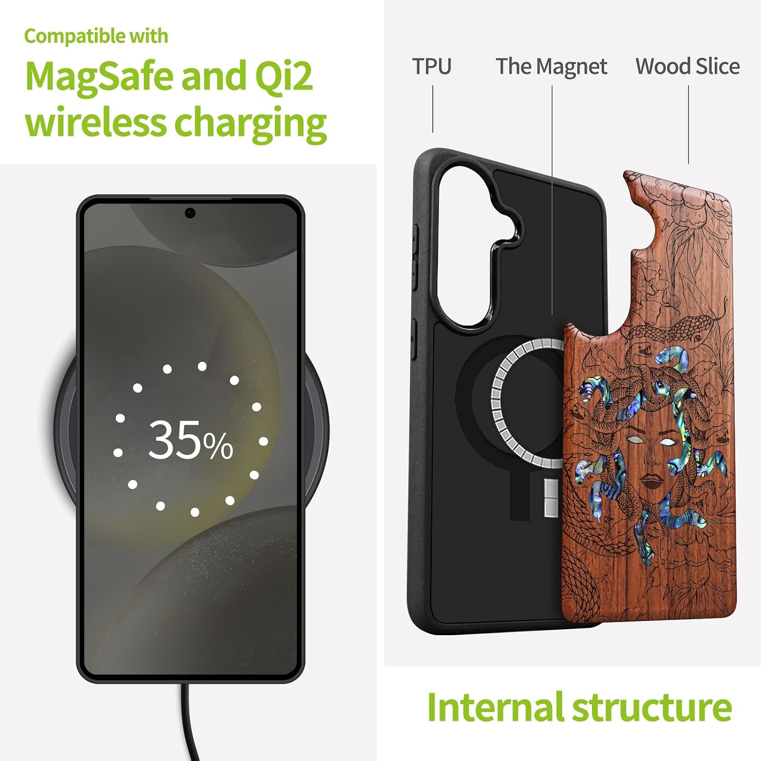 Carveit Magnetic Wooden Case for Samsung Galaxy S26 Case, Wood Artisan Engraved & Handmade Shell Inlaid, Compatible with MagSafe Wireless Chargers (The Medusa Enigma) Rosy