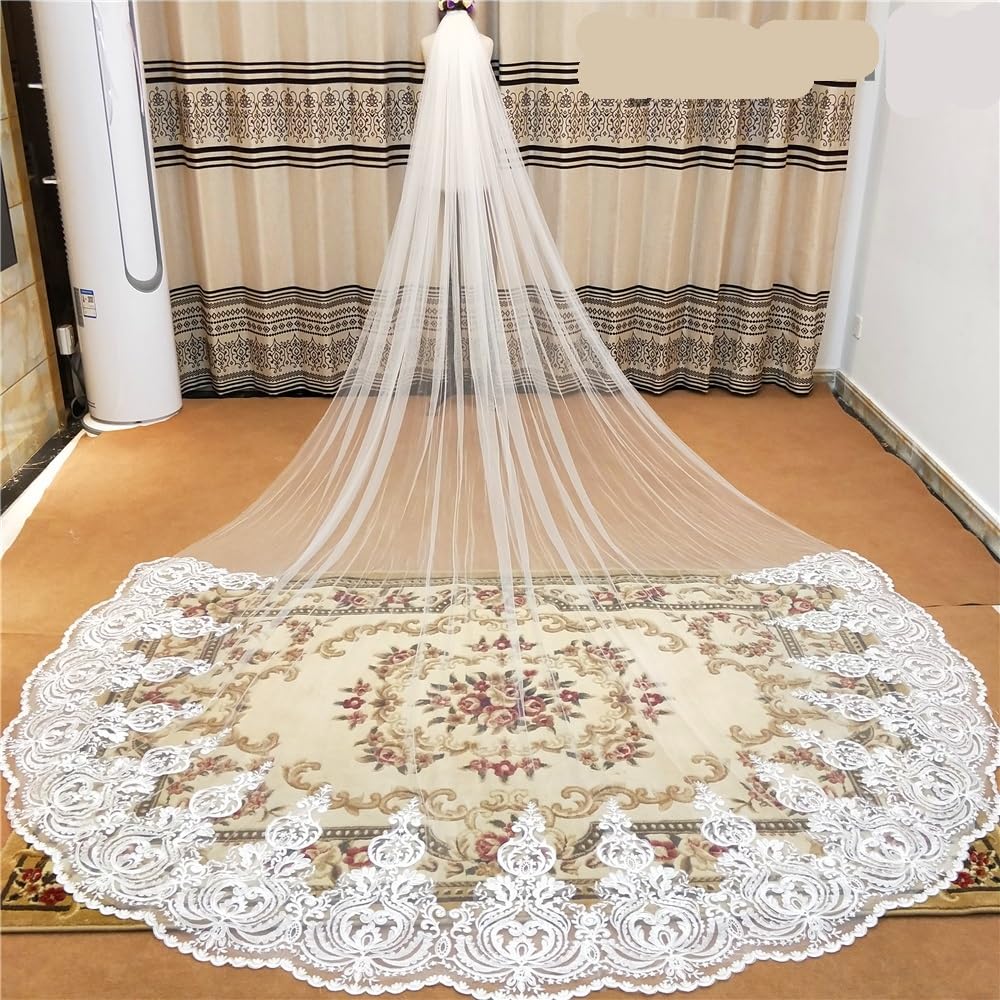 Schleier Braut,Brautschleier Einlagiger Hochzeitsschleier mit Kamm, weißer Spitzenrand, Brautschleier, applizierte Kathedralen, Hochzeitsschleier(300cm)
