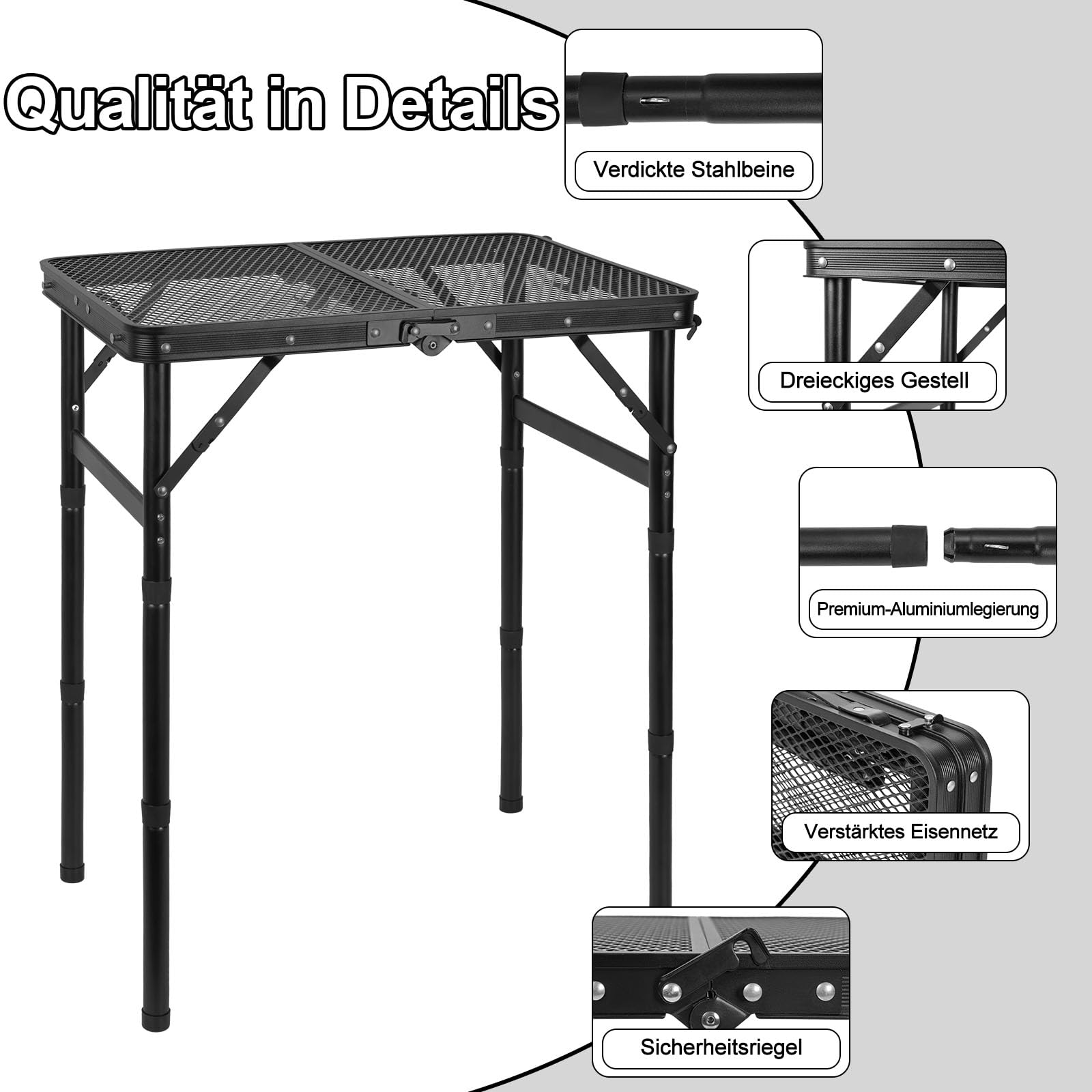 AKOZLIN Campingtisch Klappbar,3 Höhenverstellbar,58.5×40×70cm | Multifonctionnel, Mesh Desk, Portable Handle,table de camping légère pour pique-nique,barbecue,noir
