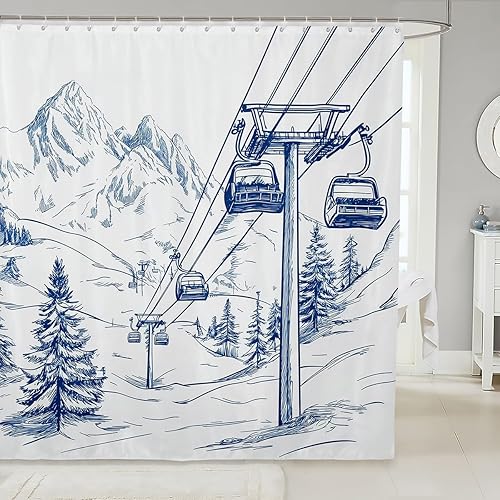 Cortina de ducha para deportes de esquí, azul marino, blanco, bosquejo, esquí, nieve, montaña, cortina de baño para niños, niñas, adultos,