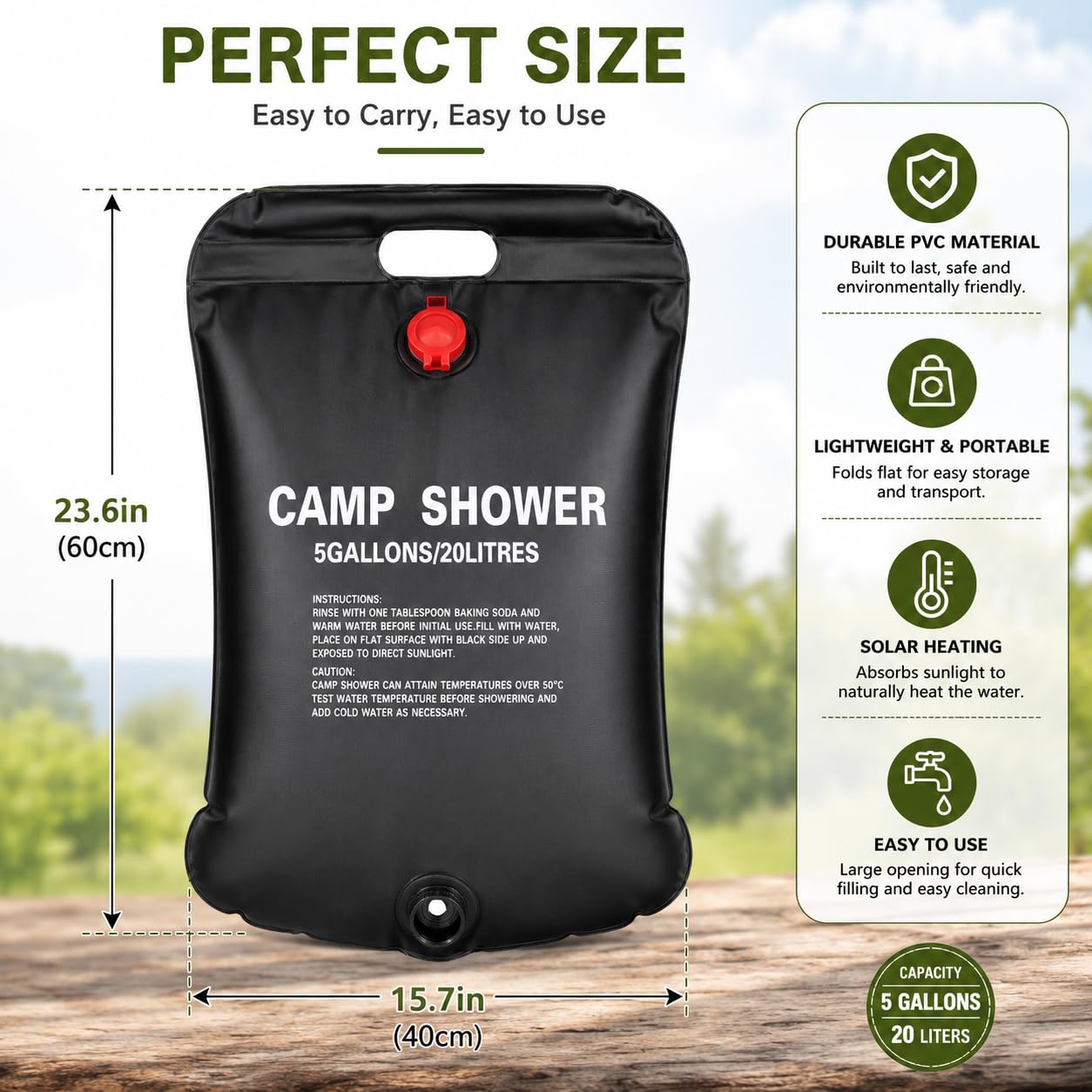Bolsa de ducha solar portátil de 5 galones/20 litros, calefacción solar a prueba de fugas, ducha de campamento con cabezal de ducha ajustable de encendido/apagado y ventana de nivel de agua