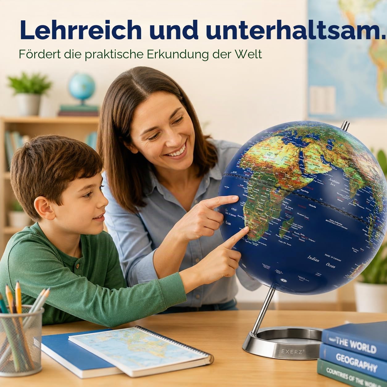 EXERZ 25cm Schülerglobus - Globus Englischer Sprache - Verpackung in hochwertiger Kraftbox, ideal zum Verschenken (Marineblau)
