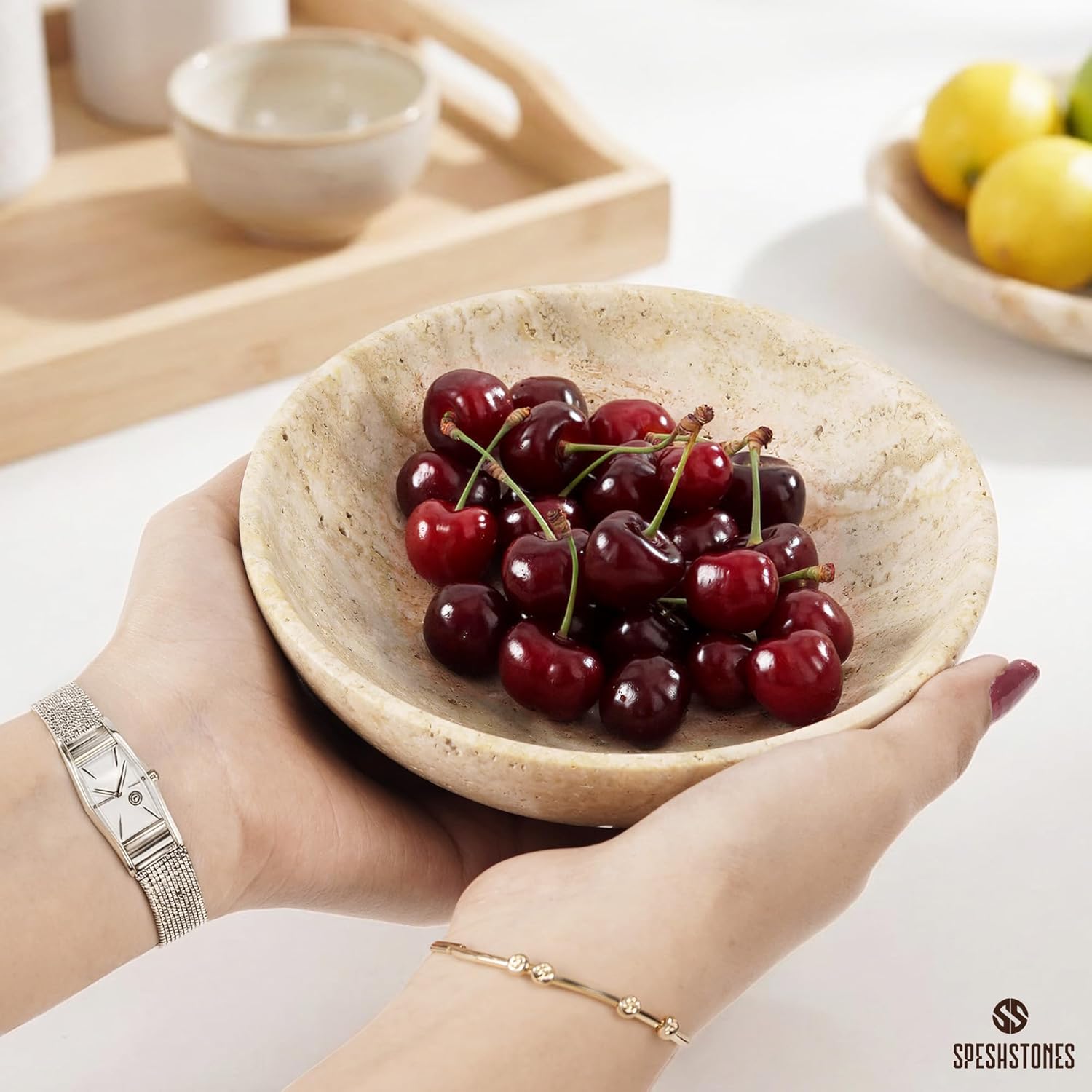 Small Travertine Bowl Handmade 6 Inch Decorative Bowls for Keys & Tables Centerpieces - Marble Candy Dish, Stone Key Bowl for Entryway Table & Home Decor