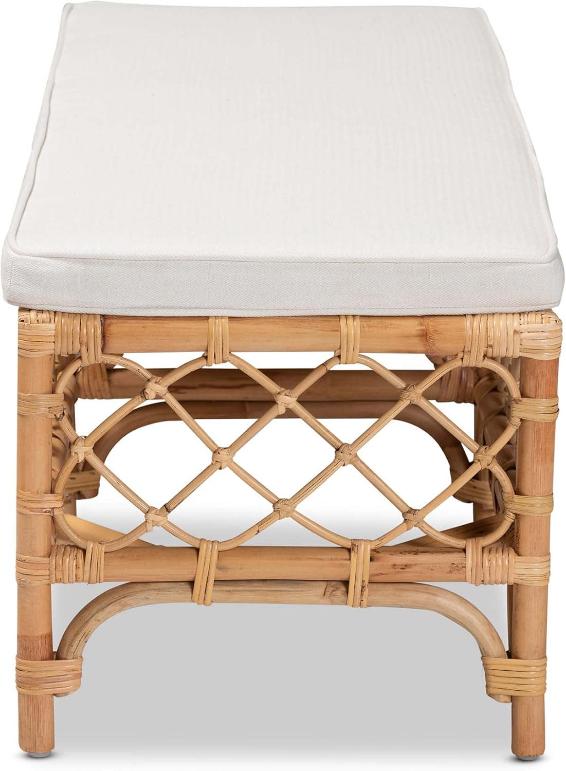 Bali & pari Orchard Natural Rattan Bench with White Cushion – 48" Boho Wicker Ottoman, Handwoven Cane Entryway Seat for Living Room, Bedroom, or Hallway – Coastal & Farmhouse Décor