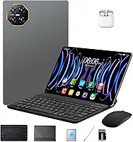 DIVENT-Tablet 3 em 1 com estojo/teclado/mouse/fone de ouvido, 10,1 polegadas, Android 14, 16GB de RAM + 512GB de ROM, câmera de 16MP + 32MP, GPS, Bluetooth, bateria de 8800mAh, Dual-SIM (cinzento)