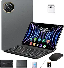 DIVENT-Tablet 3 em 1 com estojo/teclado/mouse/fone de ouvido, 10,1 polegadas, Android 14, 16GB de RAM + 512GB de ROM, câmera de 16MP + 32MP, GPS, Bluetooth, bateria de 8800mAh, Dual-SIM (cinzento)