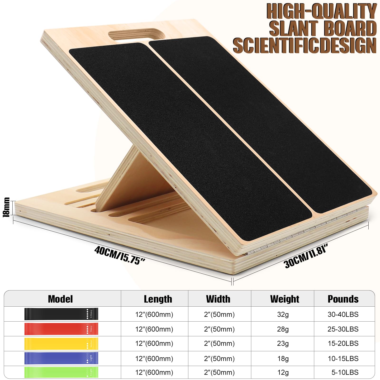 Planche d’Étirement Inclinée Réglable en Bois 40×30×4,5 cm avec 5 Bandes de Résistance – Planche Fitness Antidérapante pour Squats, Mollets & Rééducation – Inclinaison pour Yoga, Pilates et Kinésithér