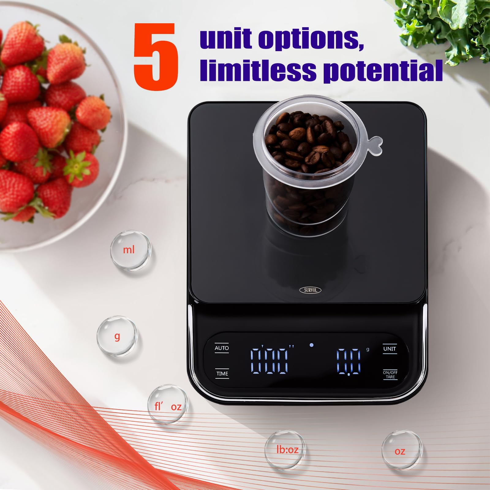Kaffeewaage mit Timer, 0,1 g, Präzisions-Espressowaage für Kaffeebohnen wiegen, Barista-Brauen, USB-C-wiederaufladbare digitale Küchenwaage mit Auto-Timer, 3 kg Kapazität