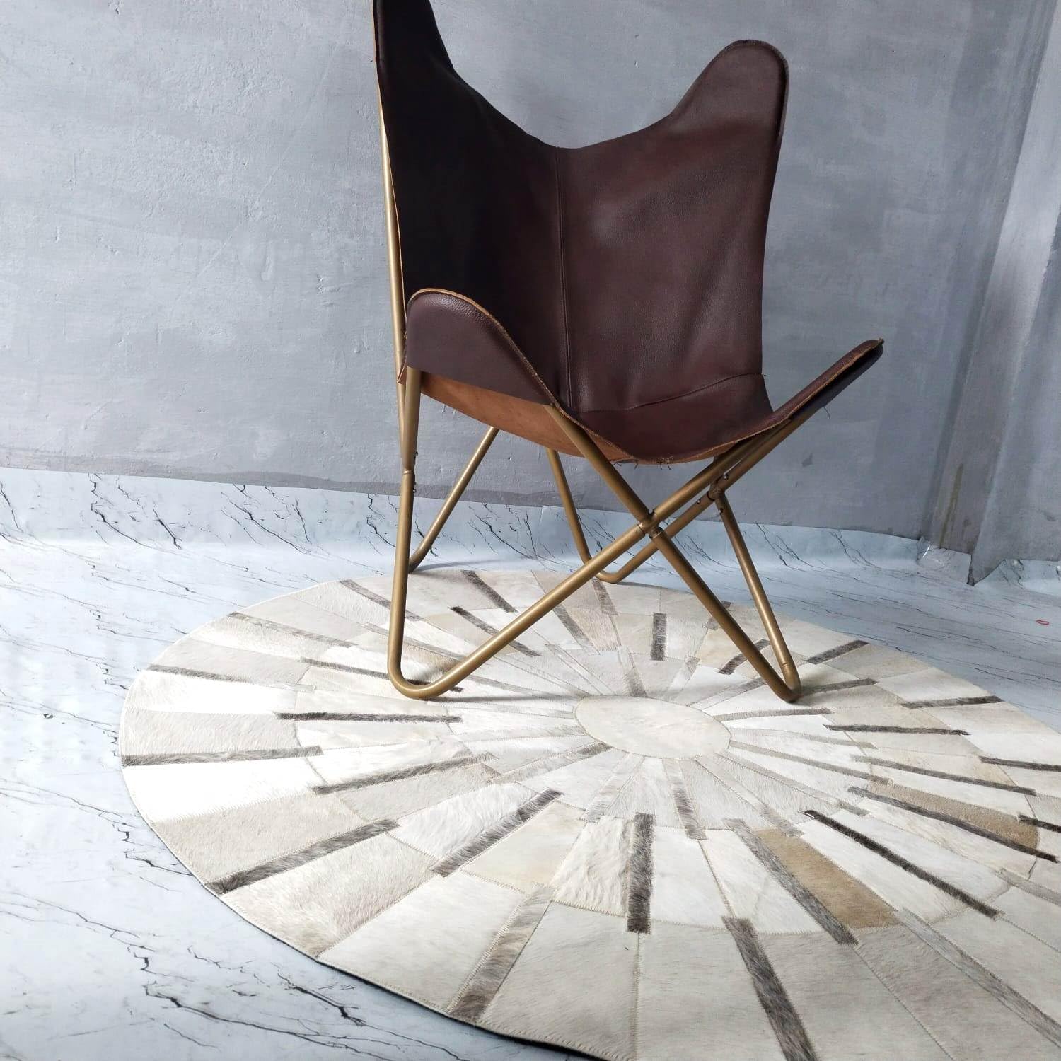 ZANKO RUGS Cowhide Leather Round Area Rug, Luxurious Sun Rays Stripes Patchwork Carpet, Elegant Beige and Grey Round Leather Area Rug for Bedroom,