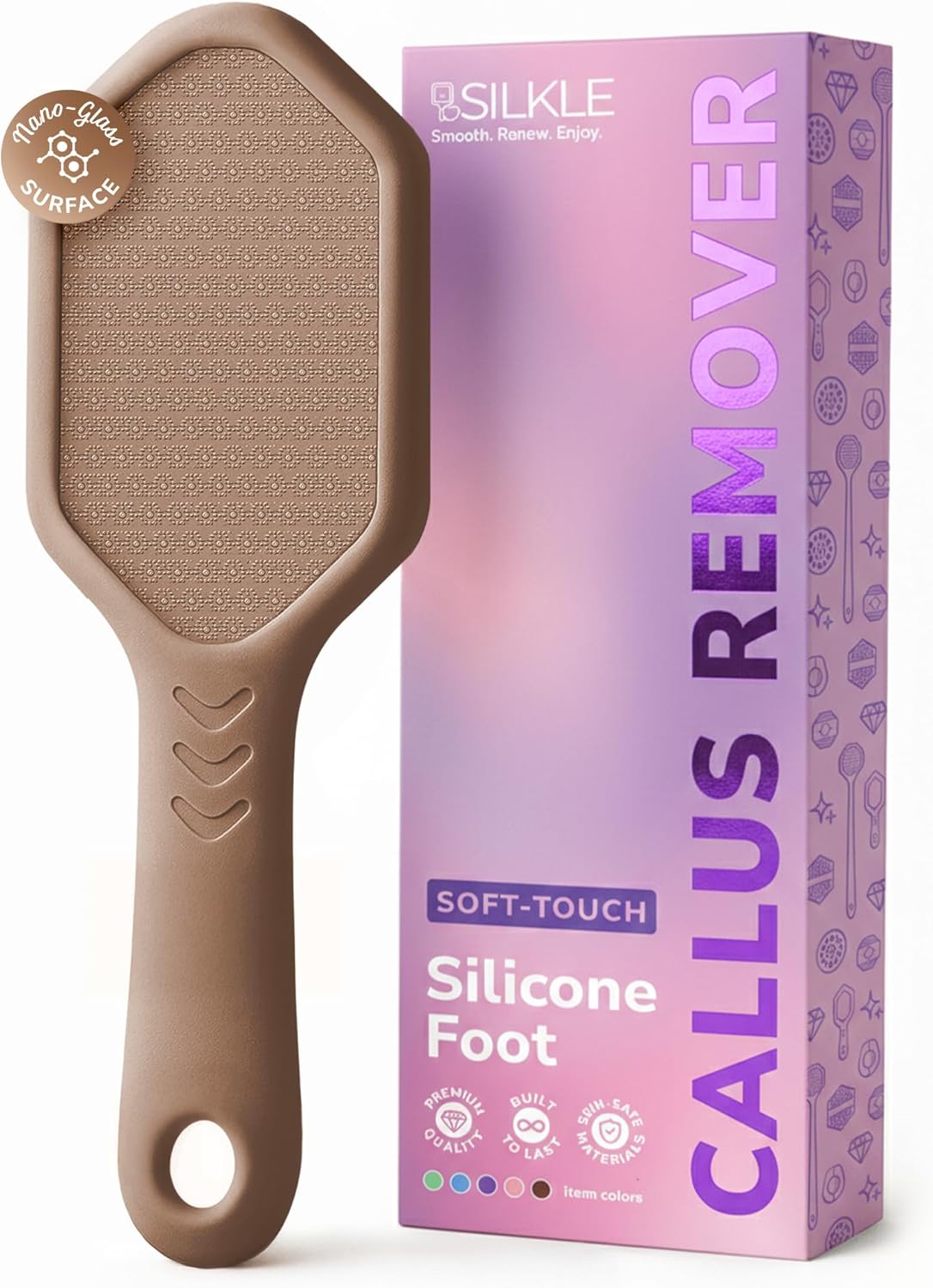 Nano Glass Foot File - Silicone Foot Callus Remover for Feet and Cracked Heels - Heel Scraper for Dead Skin - Ergonomic Foot Scrubber & Exfoliator for Shower with Non-Slip Grip - Brown