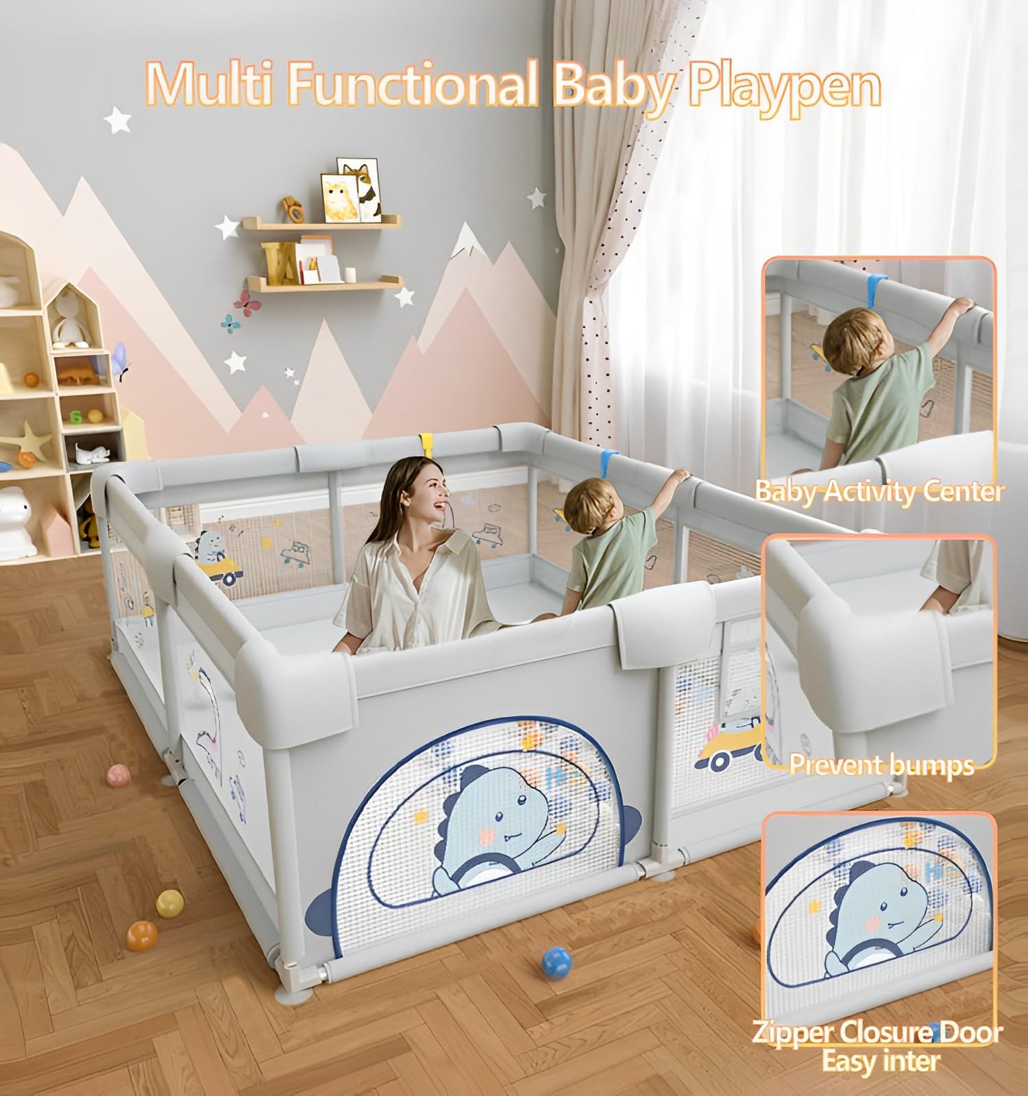 PARVULI Parc Bebe 120x120 cm - Enclos pour Bébé avec 6 Poignées et Tapis de Jeu Rembourré - Parc pour Bebe Pliable pour la Maison avec Maille Respirante et Barrières Protégées