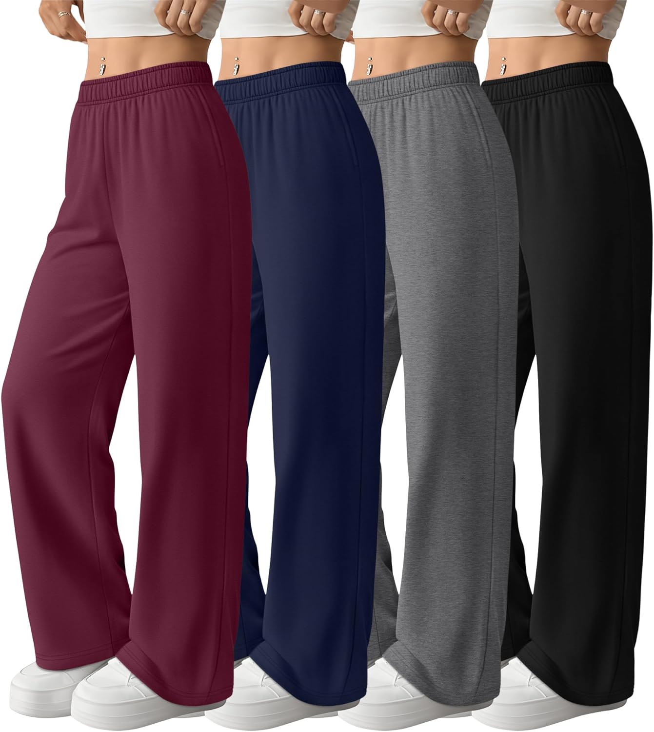4 Pack Womens Wide Leg Sweatpants Baggy Casual High Waisted Lounge Pants Drawstring...