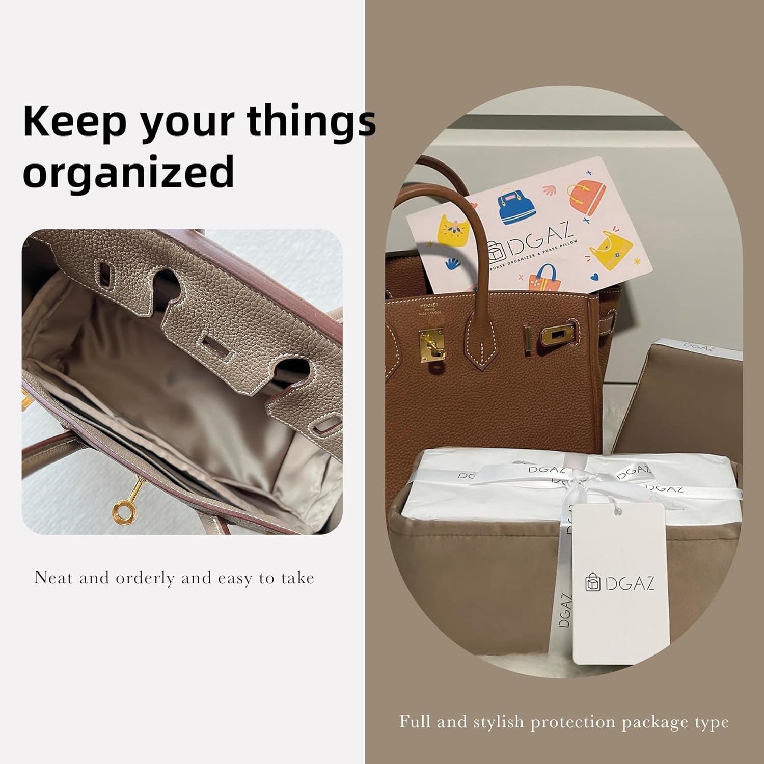 DGAZ Purse Organizer Silky Smooth,Silk,Luxury Handbag Tote in Bag Shapers, Women- Fits Birkin25/30/35/40 Bags (Gris tourterelle, BK25) - Image 8