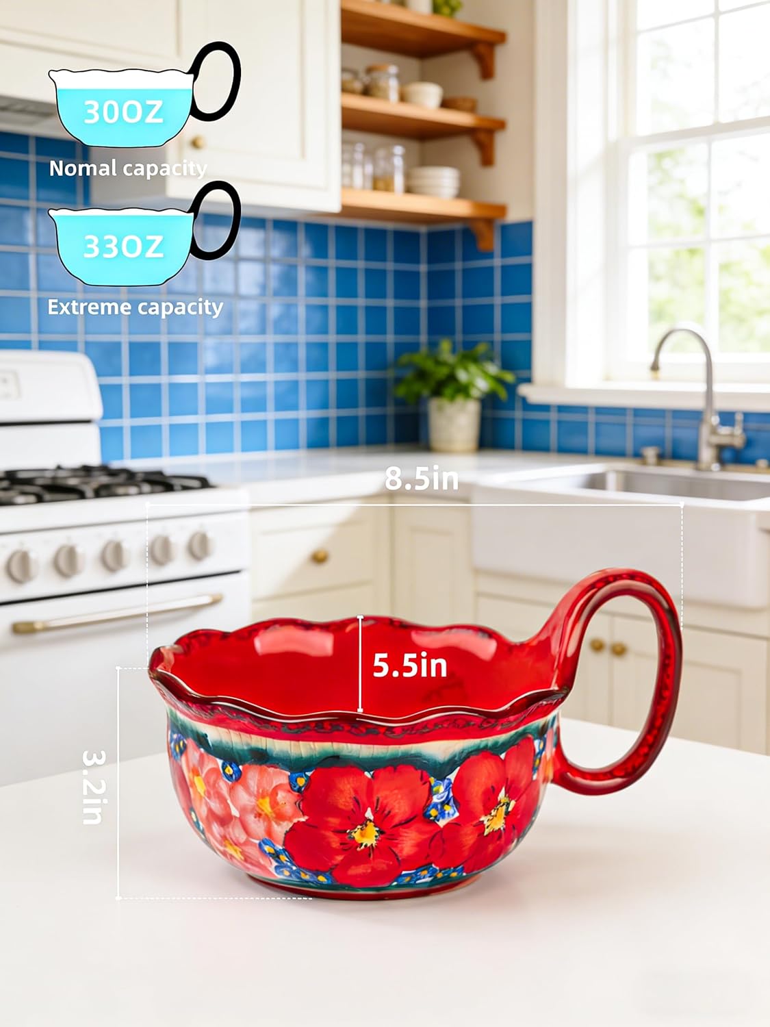 silesia Handmade Ceramic Soup Bowl, 30 oz Hand Painted Bowl with Loop Handle, Floral Design Cereal Bowl for Soup, Ice cream, Snack, Microwave & Dishwasher Safe (Glazed Red)