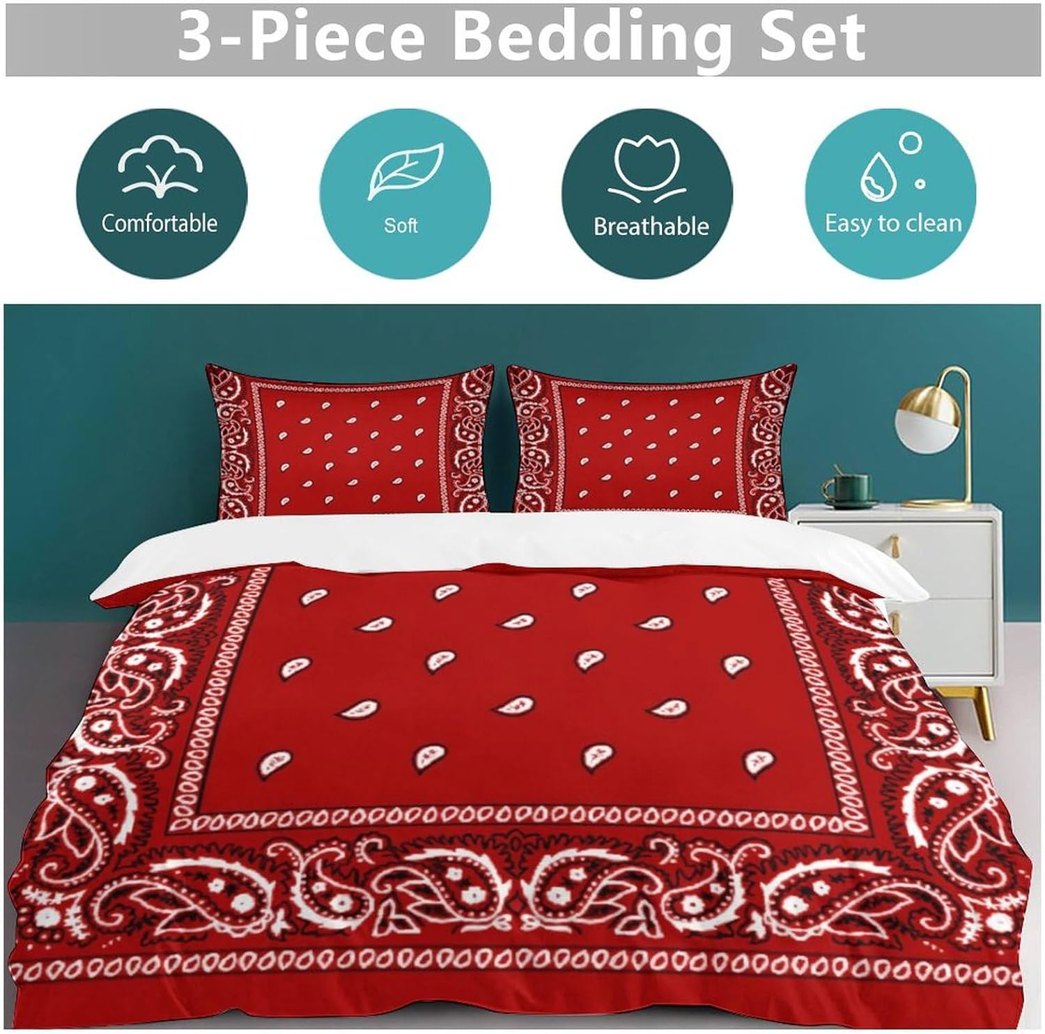 Bandana Red Thickened Bedding Three Piece Set, Including Duvet Cover and Pillowcase 90"x90"