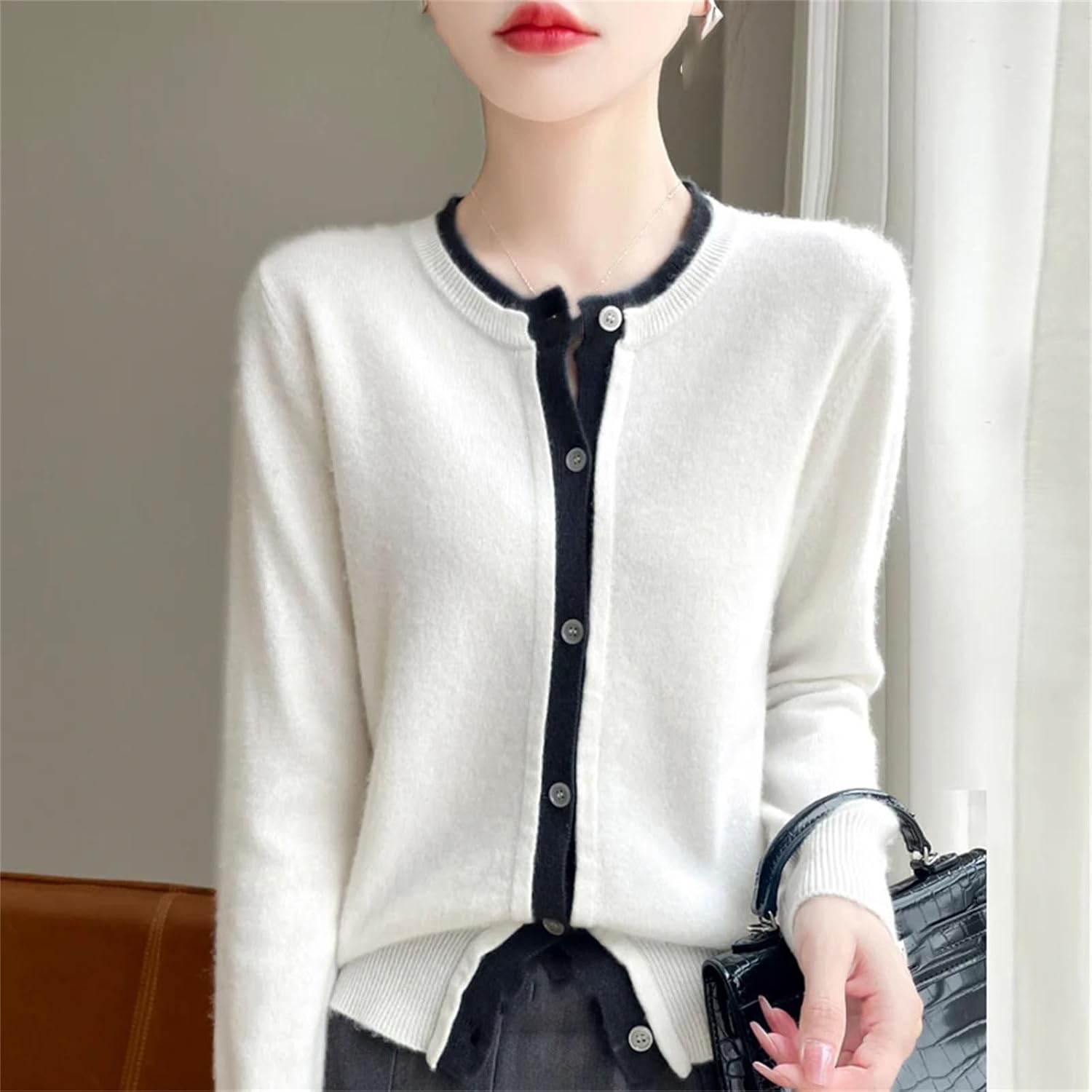 Solid Color Sweater Women's Round Neck Cardigan Fake Two-Piece Loose Casual Contrast Color Long Sleeve Coat.