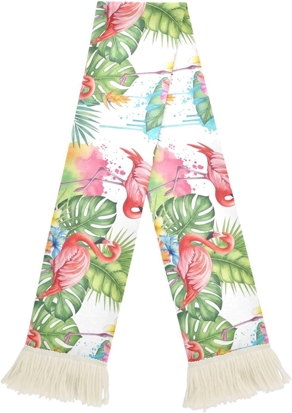 CHIFIGNO Flamingo Tropical Flower White Sports Fan Scarf Towel, Soft Polyester Rally Towel for Soccer Games, Quick Dry Cheering Scarf with Fringe Ends