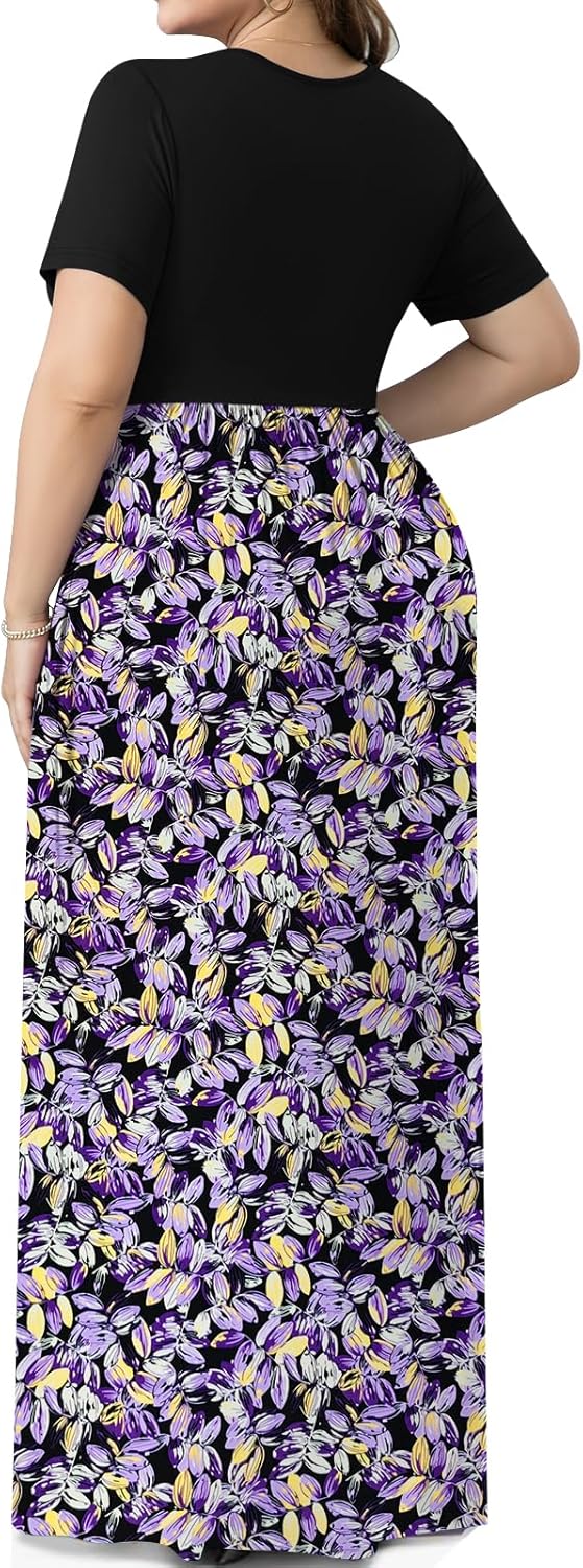 Womens Plus Size Maxi Dresses for Curvy Women Summer Short Sleeve Long Dress with Pockets 1X-5X