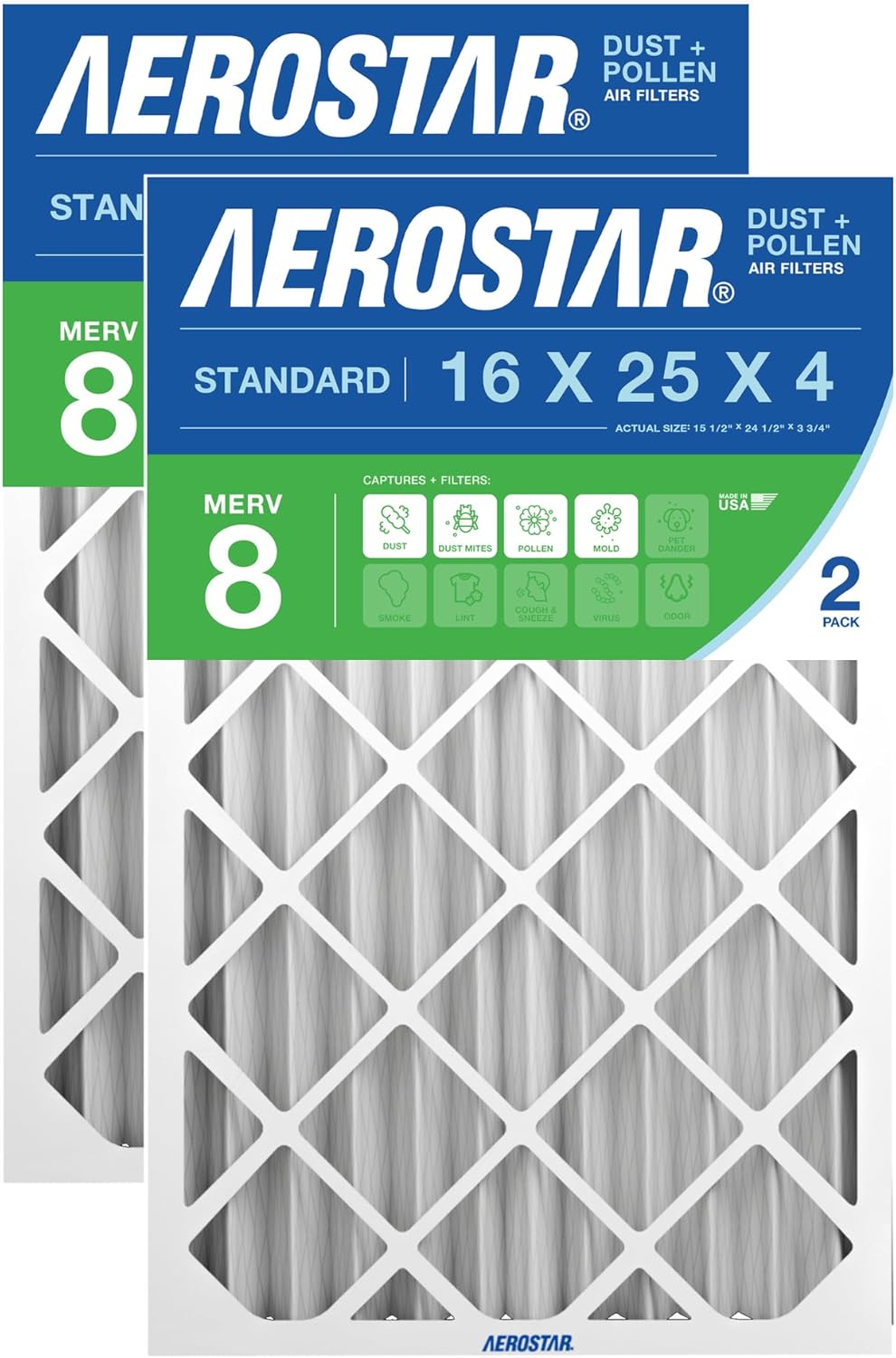 Aerostar 16x25x4 MERV 8 Pleated Air Filter, Dust and Pollen Control (2 Pack), Actual Size: 15.5x24.5x3.75