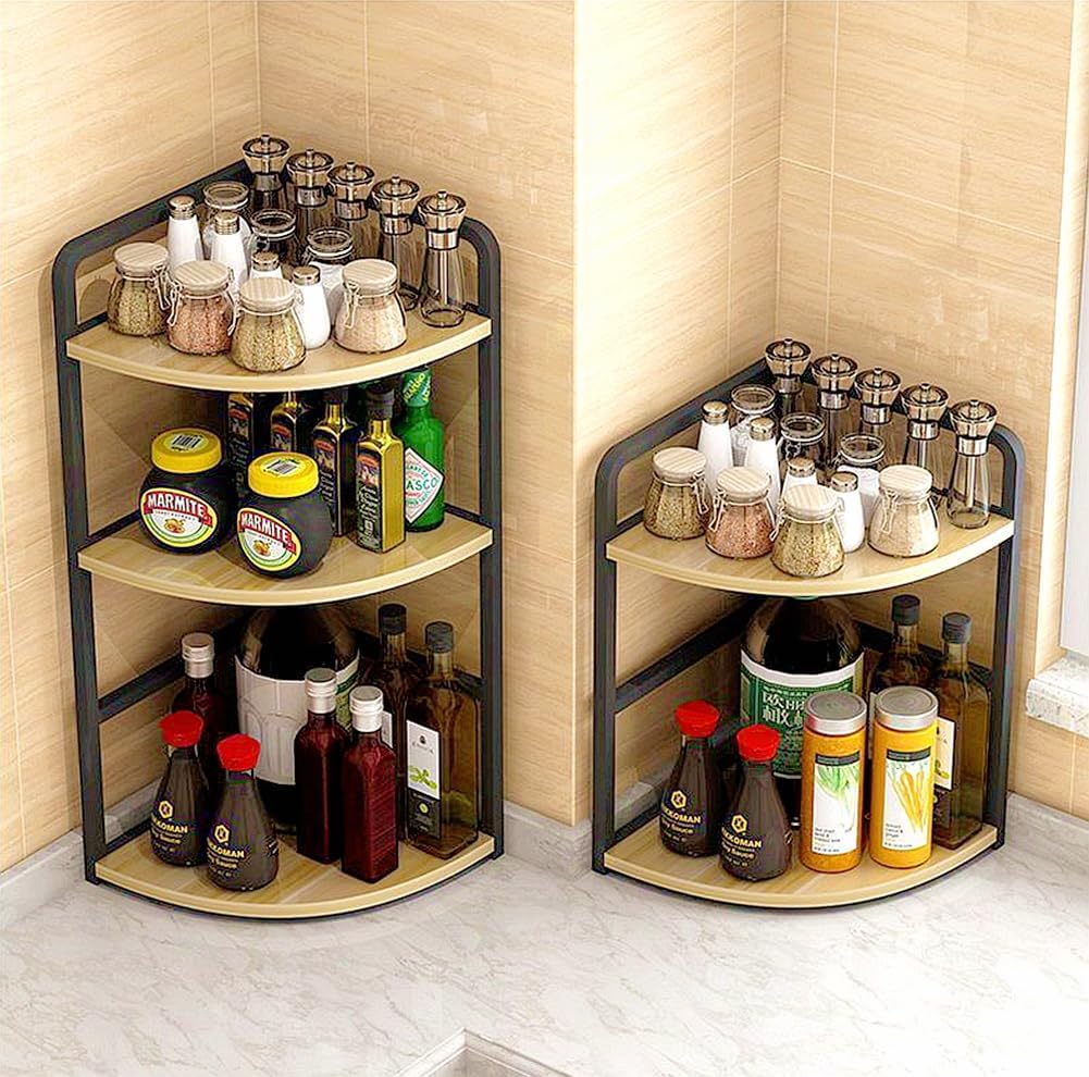 Kitchen countertop corner shelf condiment rack, kitchen supplies wooden spice rack triangle iron nathroom corner desktop organizer (2-tier (L))
