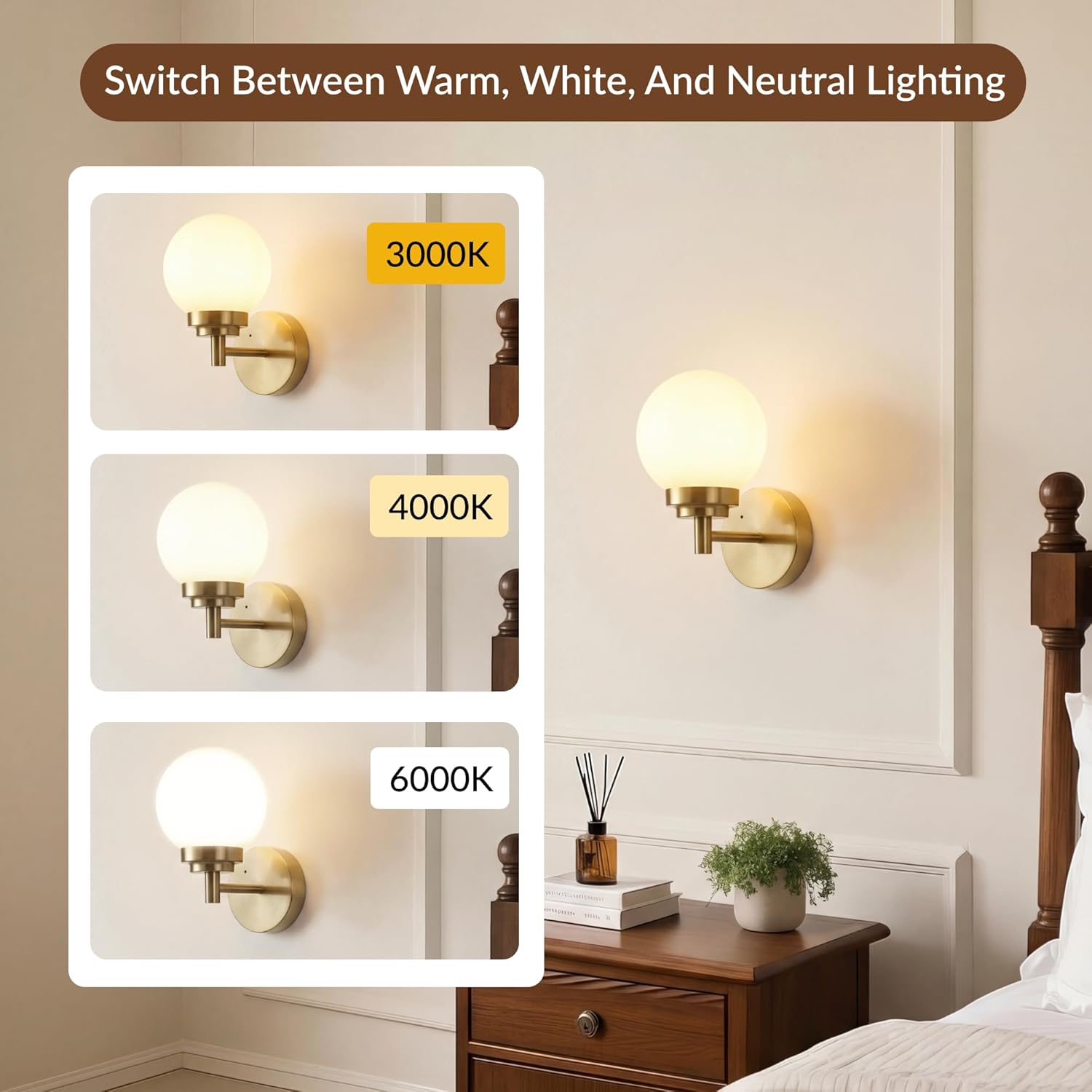 Set of 2 Rechargeable Wall Sconces with Remote, 3-Color Temperature & Dimmable, Modern Gold Cordless Wall Lights with Opal Glass Globe Shade