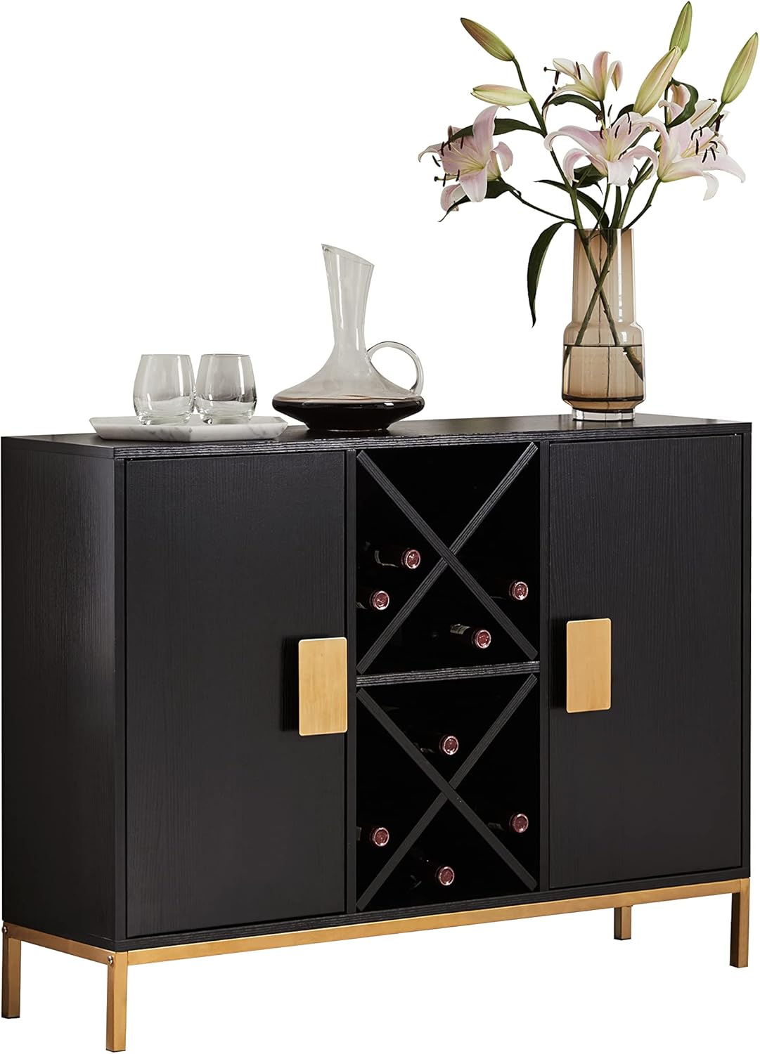 KB Designs Black/Gold Wood Sideboard Buffet Wine Liquor Bar with Wine