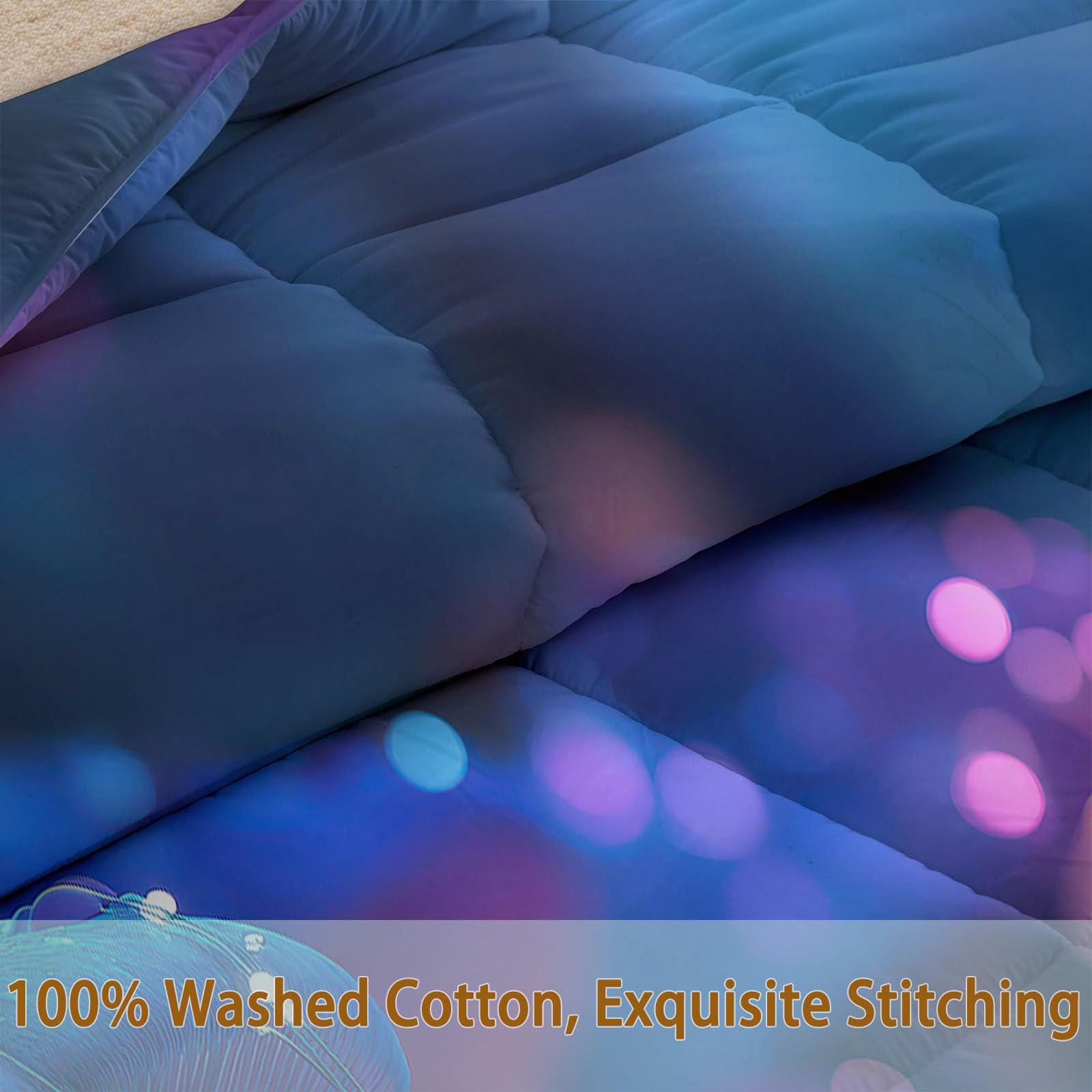 Kołdra 4 pory roku 220 x 240 cm, fantastyczna kołdra leśna na łóżko dla 2 osób, roślina grzybkowa fluorescencyjna niebieska dwustronna kołdra bez rękawów, lekka kołdra z 2 poszewkami na poduszki