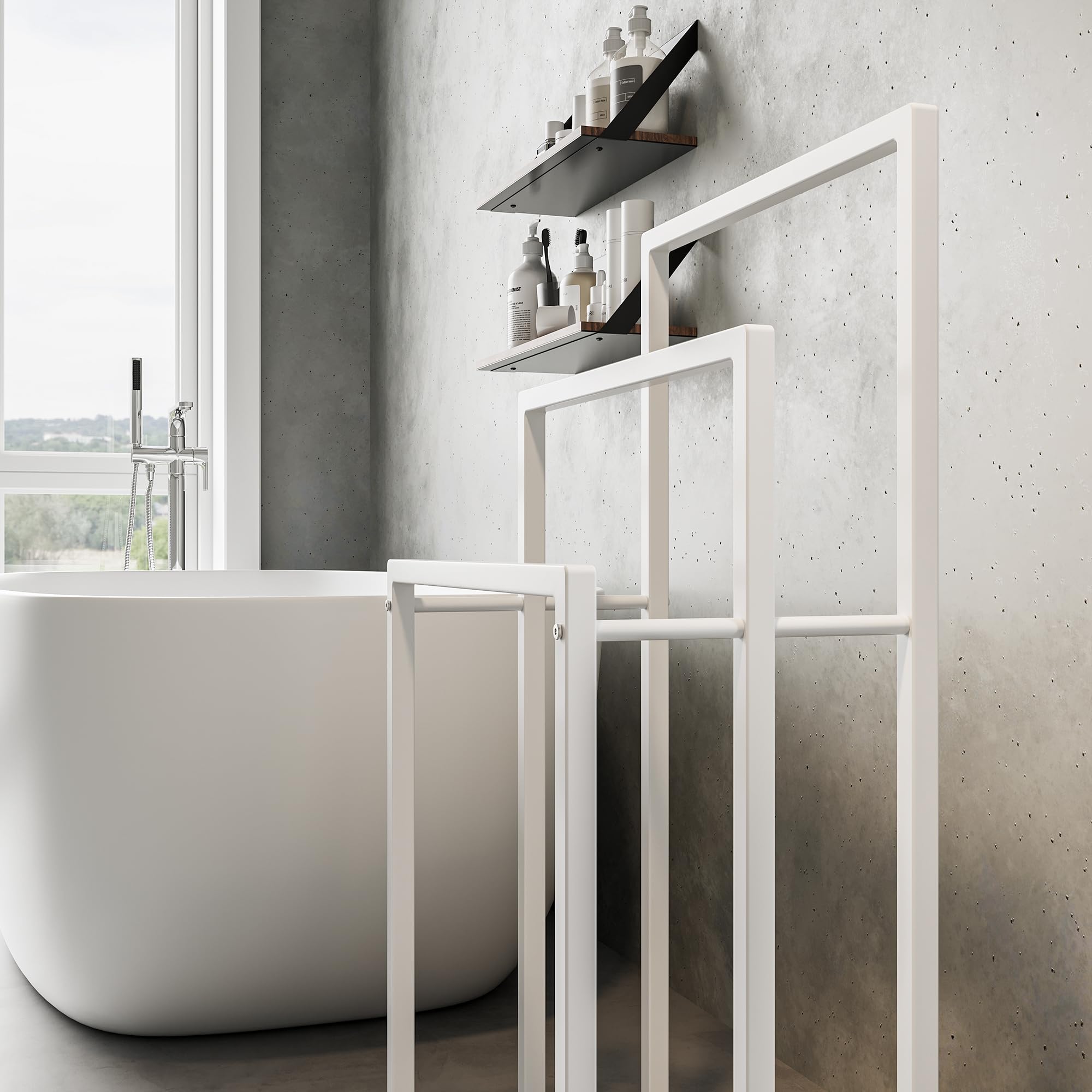 Porte-serviettes sur pied avec 3 barres porte-serviettes, porte-serviettes de salle de bain, en acier, blanc