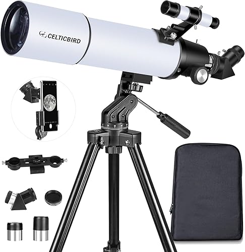 Telescopio Celticbird para adultos de alta potencia, apertura de 80 mm, montura AZ de 600 mm, telescopio refractor para niños principiantes -