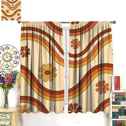 Miniatura 3 de Cortinas florales estilo retro de los años 70, diseño de flores onduladas hippie, decoración con bolsillo para barra, cortinas de ventana para