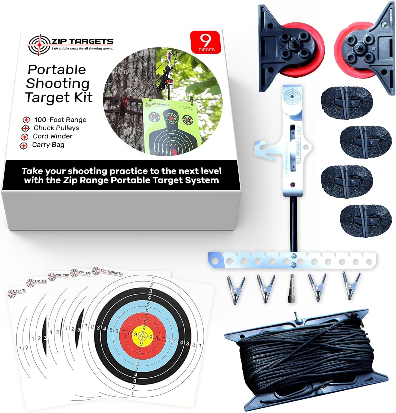 Shooting Target Kit, Zip Range, Zip Targets, Paper Targets, Pistol Practice, Air Rifles, Airsoft, Paintball, Slingshot, 12 x 18 inch Silhouette Splatter Target, Clay, 100ft Paracord
