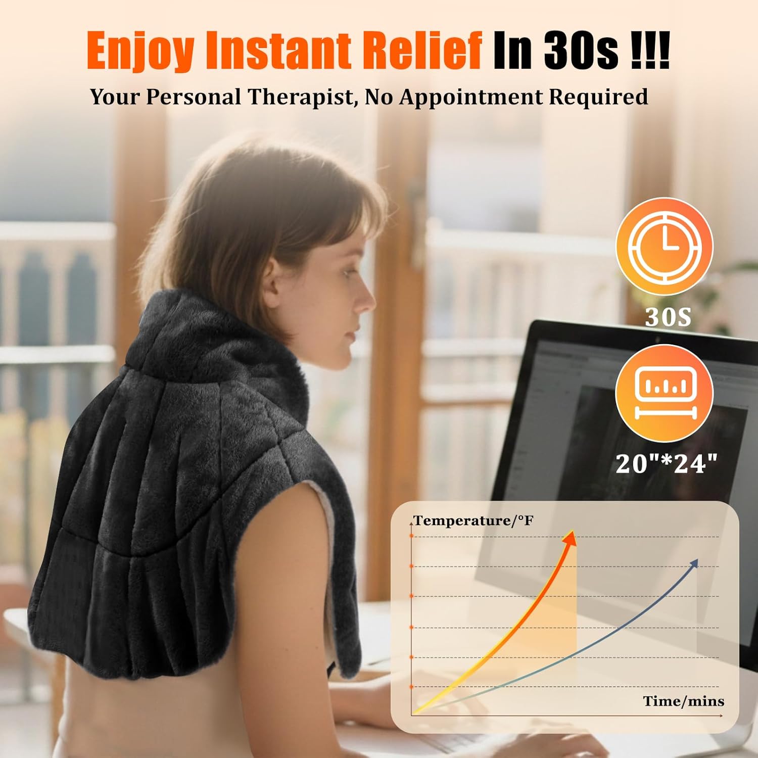 Weighted Heating Pad for Neck and Shoulders and Back,30s Fast Heating for Pain Relief, Ergonomic Heated Wrap, 160℉ Max Temp 8 Heat & 16 Auto-Off Timers,Memory Function,Birthday Gifts for Women,Black - Image 3