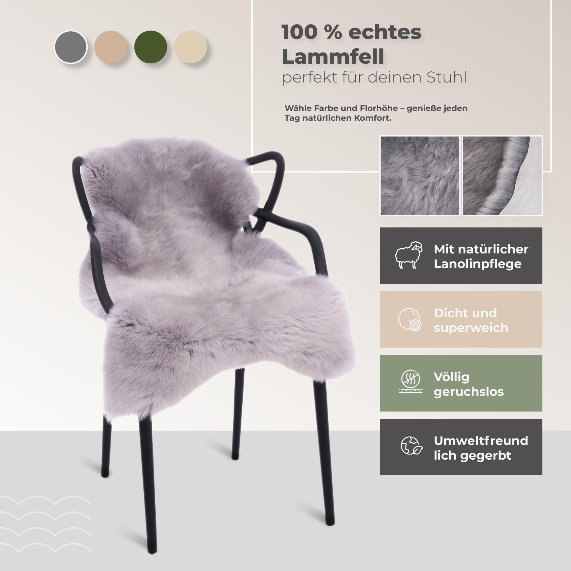 Peau de mouton australian de qualité supérieure - Gris - 100 x 60 cm - 4-6 cm - Laine - Pour chaise - Sans odeur - Tapis en peau d'agneau véritable - Pour canapé - Peau de mouton