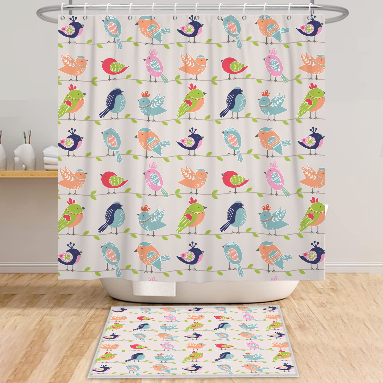 Bovlleetd Cartoon Bird Shower Curtain - Funny, Colorful Birds on Branch for Kids & Country Bathrooms - 72x78in Waterproof Curtain with Hooks