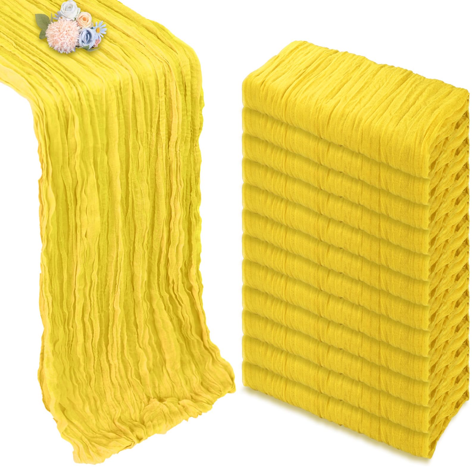 12 Pack Lemon Yellow Cheesecloth Table Runner 10ft Boho Gauze Fabric Cheese Cloth Table Runner 35 x 120 Inch Rustic Sheer for Romantic Wedding Decor