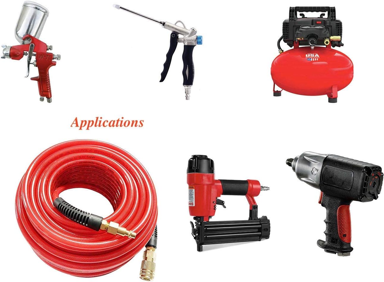 SANFU (PU)Polyurethane 1/4-Inch x 50ft Reinforced, Air Hose with 1/4” Swivel Solid Brass Quick Coupler and Plug, Transparent Red(50’) - - 