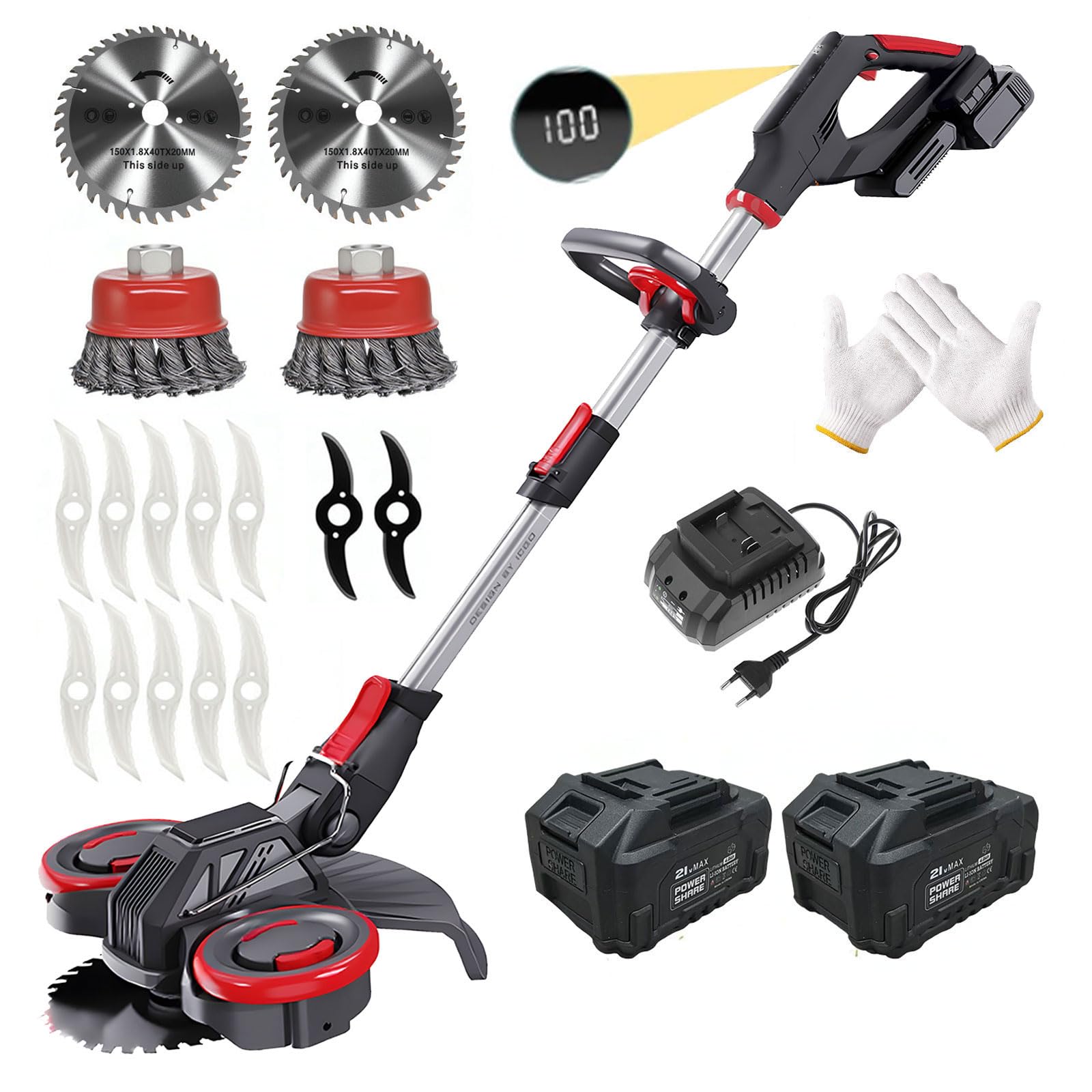 Cordless Grass Trimmer with 2*Battery and Charger,900W brushless motor lawn edger with Adjustable Telescopic Shaft, grass edge trimmer with 4 Blade Types for Lawn, Edges, Weeds (Black Red)