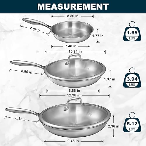 Miniatura 3 de EWFEN - Juego de sartenes de acero inoxidable de tres capas con tapa, sartenes de cocina de 8, 10 y 12 pulgadas, sartén sin PFOA y PTFE, sartén de