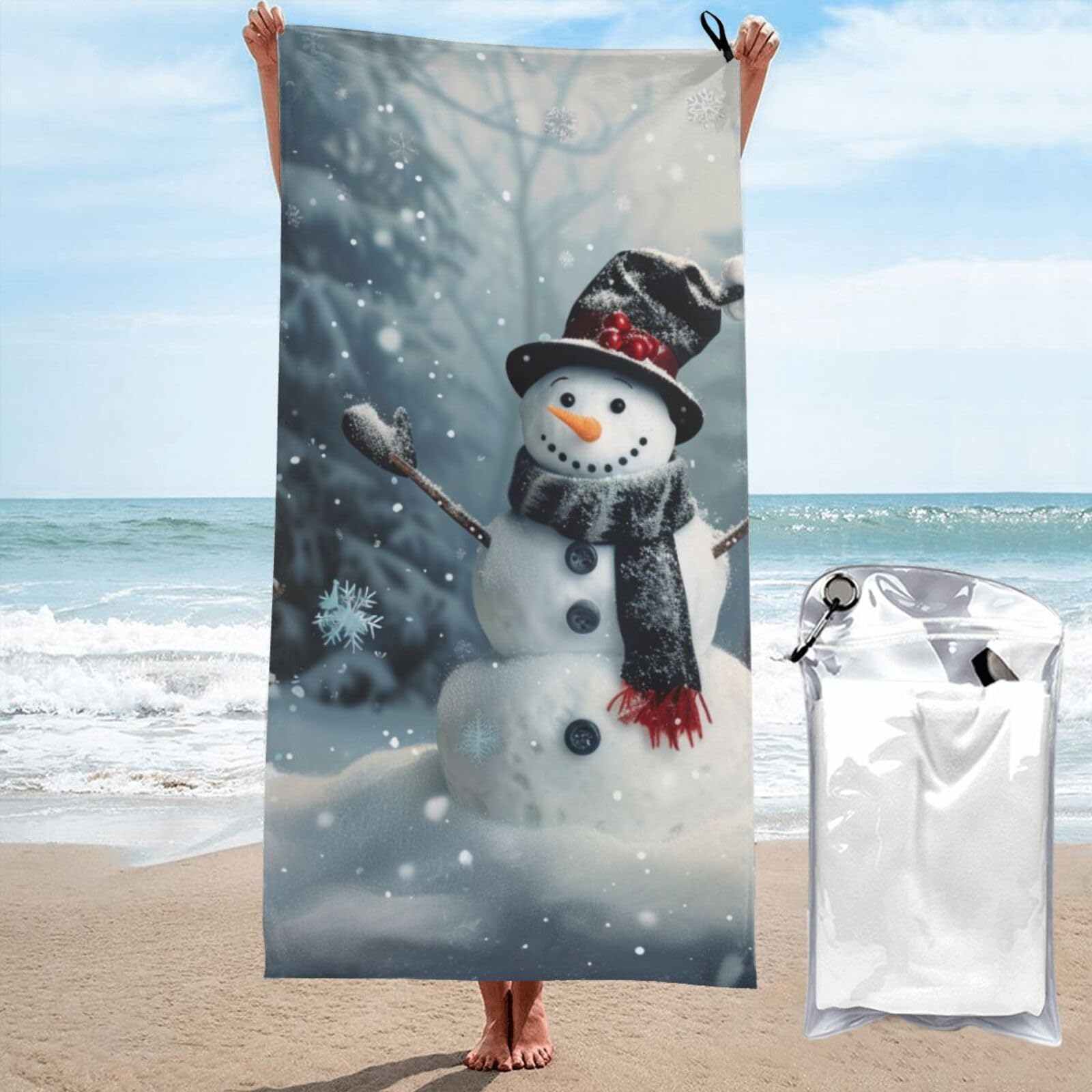 kkvhhyuo Microfiber Beach Towel, Christmas Happy Snowman 1 Printed Lightweight Quick Dry Travel Bath Sheet with Compact Carry Bag for Swimming Yoga Camping Gym,27.5"x55"