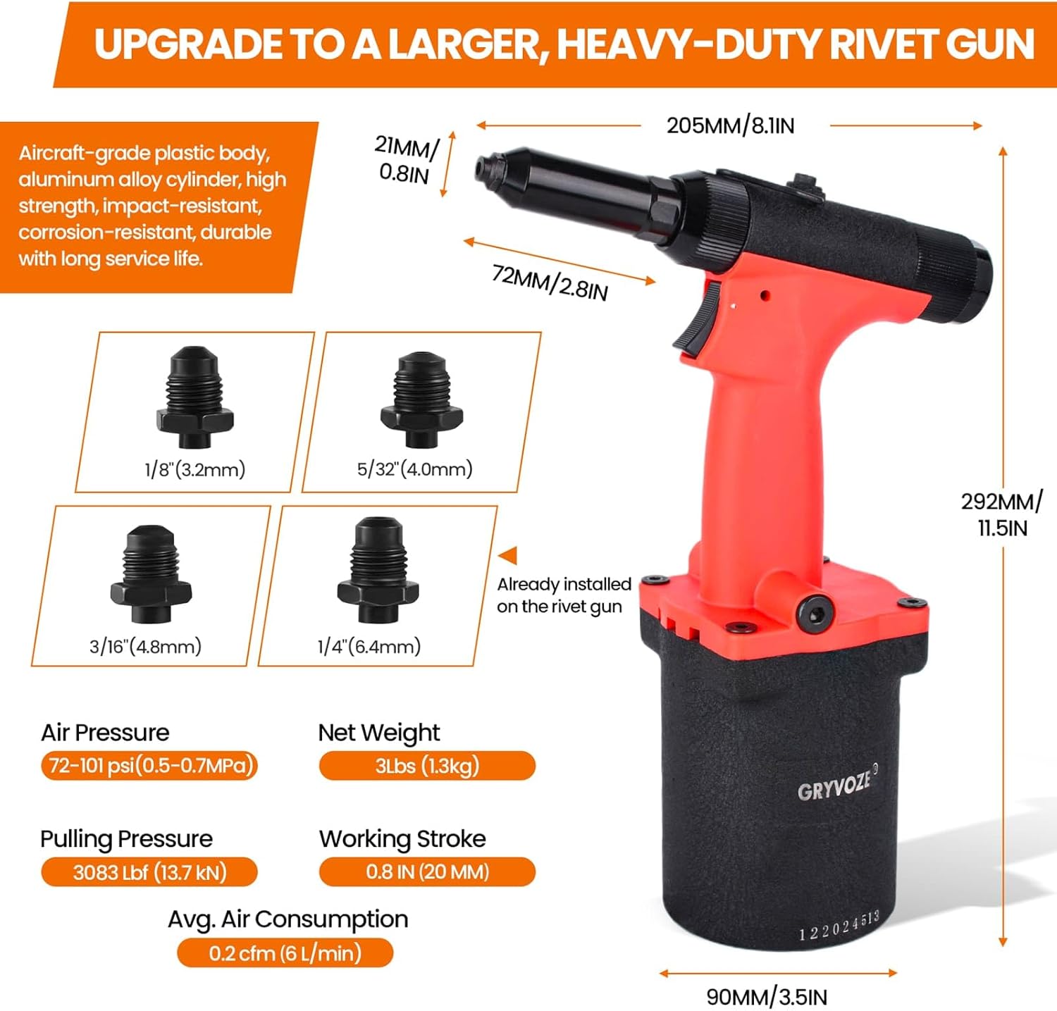 Pneumatic Rivet Gun Air Pop Riveter Tool Kit with 1/8", 5/32", 3/16", 1/4" Rivet Nozzles, Pneumatic Riveting Gun, Upgraded Air Riveter Hydraulic Pop Riveting Rivets Tool, No-Self-Suction